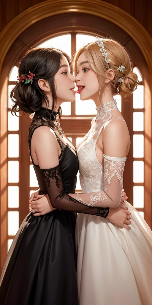 two women in dresses standing next to each other in front of a tv, pov, two girls, annoying sister vibes, lesbians, cute girls, gen z, looking this way, pov shot, two models in the frame, sisters, hd, they are very serious, lesbian, multiple, 2 sisters look into the mirror, serious faces, photo shoot, kissing each other in mouth, tongue, saliva, smirking lustful smile, girlfriends kiss, love, steam
