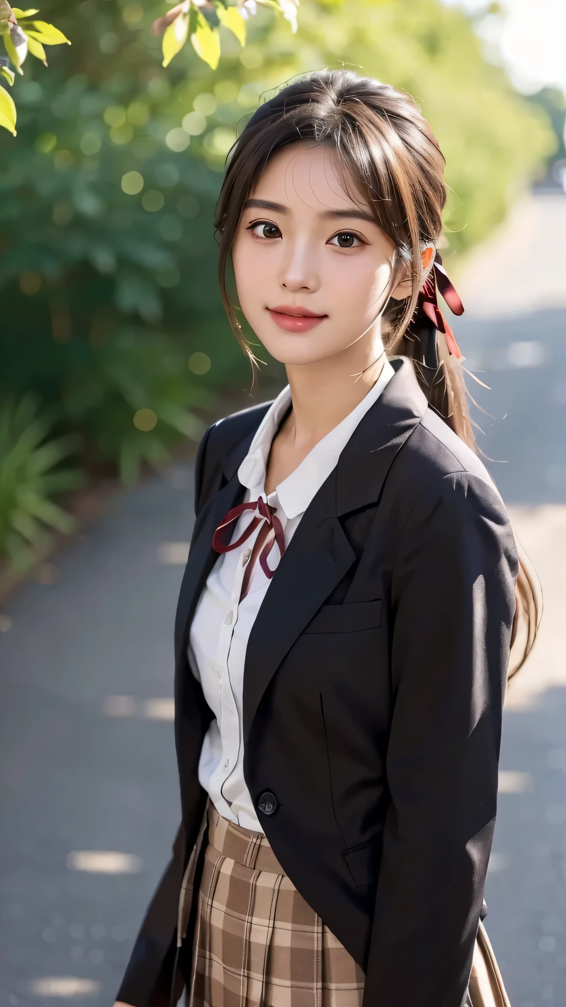 Uniforms for Japanese High School Students,brown blazer,brown ribbon on chest,fully body photo,masutepiece, The highest image quality, High quality, the background is clear,Beautiful woman, Japanese, Detailed, Detailed eyes, Detailed skin, Beautiful skin, 超hight resolution, (reality: 1.4),Very beautiful woman, Slightly younger face, Beautiful skin, slender, (Ultra photo realsisim), (hight resolution), (8K), (Very detailed) (beautifully detailed eyes), (super detailed), (Detailed face), view the viewer, Fine details, Detailed face, Smiling, Staring straight ahead, Staring straight ahead, photos realistic, Bright lighting, Professional Lighting, Black hair, ,poneyTail,a baby face,sixteen years old,髪型はponeyTail,wear a ribbon,ロングのponeyTailの髪型,Angle from waist up,standing and posing,brown plaid skirt,brown blazer,brown ribbon on chest,outdoors,