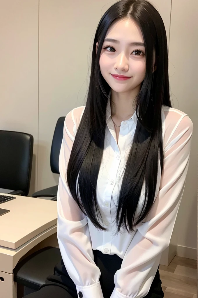 High-quality 4K、1girl、Women's Ana Style、medium straight hair、black hair、medium meat、smile、Wearing a suit、droopy eyes、straight eyebrows、dark eye shadow、Perfect makeup、office Street、