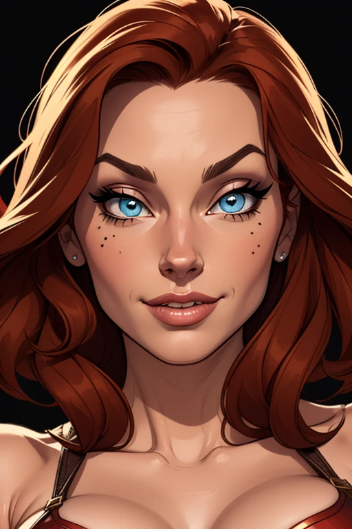 (cartoon style:1.2), Drawings of ([Red Sonja]), perfect eyes, detailed face, black background, fun posing, flirty look, Centered, scale to fit the dimensions