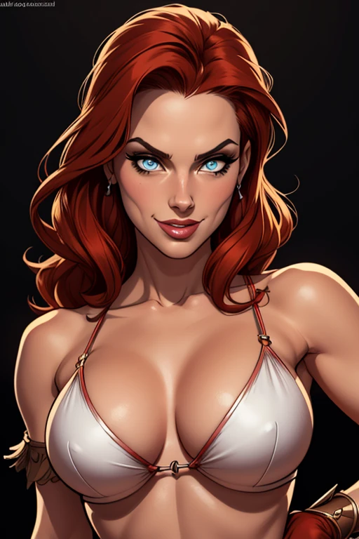 (cartoon style:1.2), Drawings of ([Red Sonja]), perfect eyes, detailed face, black background, fun posing, flirty look, Centered, scale to fit the dimensions