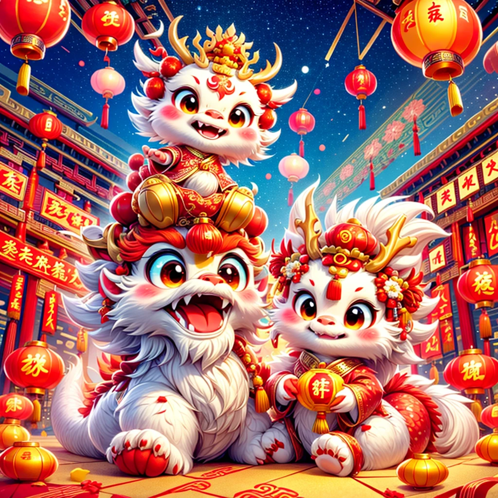 (摄影: 1.3), Create a 3D-rendered, Pixar-style illustration of a Cute Chinese Dragon sitting on the ground, wearing a Chinese God of Wealth hat and dressed in traditional Chinese attire. The ground is abundantly covered with red envelopes and gold coins, surrounded by various Chinese New Year festive items. The background depicts a joyous and festive Chinese New Year atmosphere, including traditional Chinese architecture, fireworks, firecrackers, lanterns, and Spring Festival couplets. The dragon has a joyful and happy facial expression.