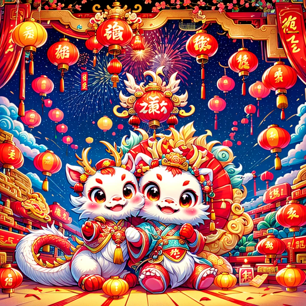 (摄影: 1.3), Create a 3D-rendered, Pixar-style illustration of a Cute Chinese Dragon sitting on the ground, wearing a Chinese God of Wealth hat and dressed in traditional Chinese attire. The ground is abundantly covered with red envelopes and gold coins, surrounded by various Chinese New Year festive items. The background depicts a joyous and festive Chinese New Year atmosphere, including traditional Chinese architecture, fireworks, firecrackers, lanterns, and Spring Festival couplets. The dragon has a joyful and happy facial expression.