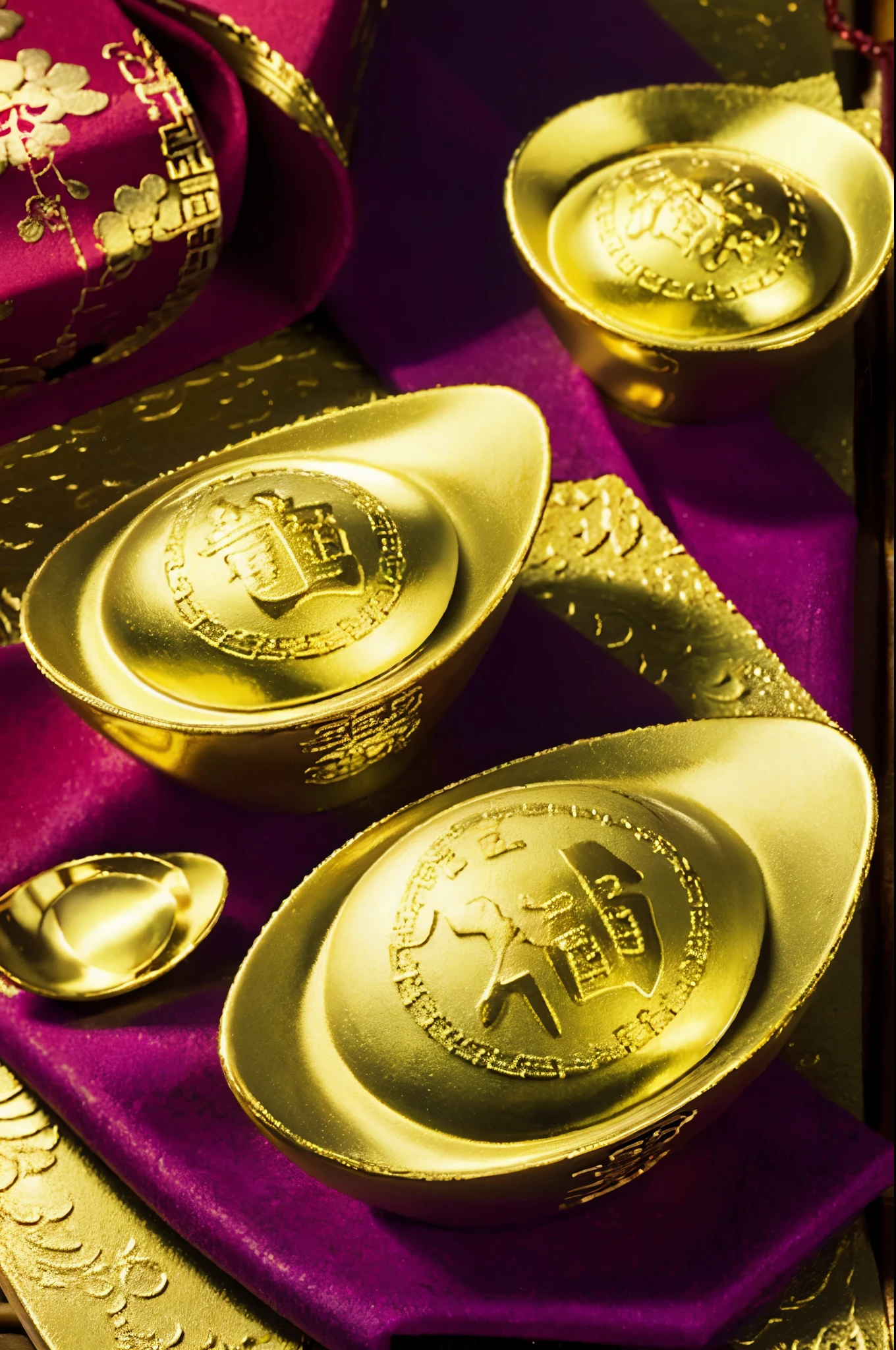 The living room is decorated with Chinese New Year decorations,  and there are several large Jin yuanbao on the table. Jin yuanbao, Jin yuanbao,