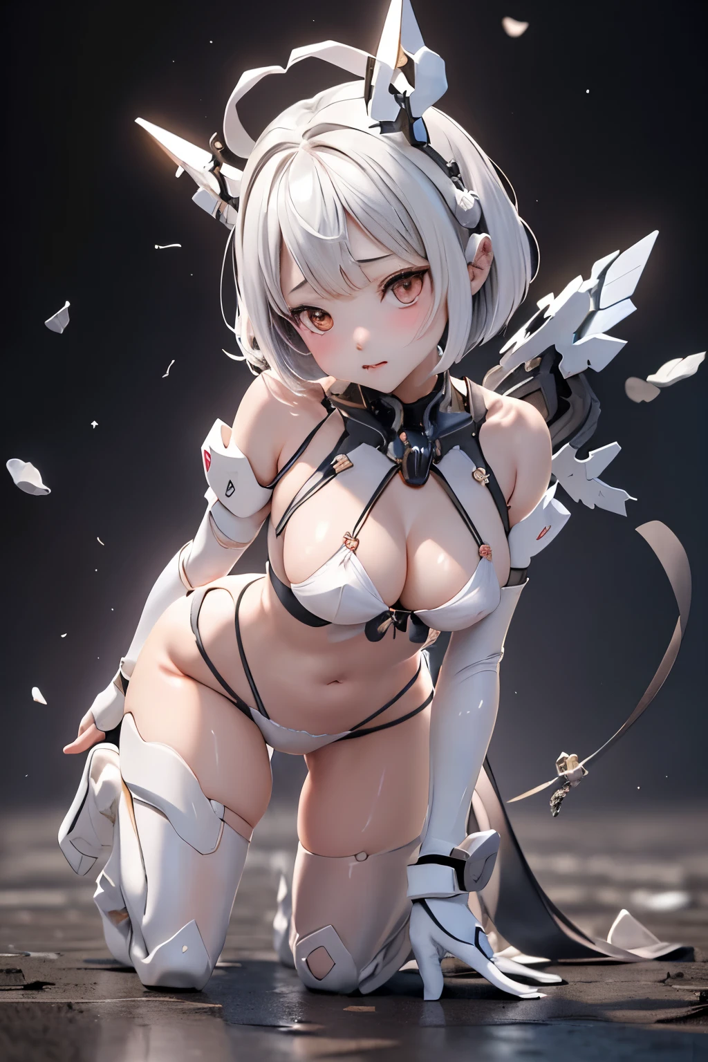 {(japanese young girl)}, (She is fused with futuristic Gundam mecha:1.1), white theme, with headgear, with v-fin , ((unarmored cleavage)), ((unarmored stomach)), ((unarmored upper arms)), ((unarmored face)), (unarmored hands), (unarmored waist), ((unarmored thighs)), (unarmored ankles), japanese girl wear white micro bikini, crawl on all fours:1.2,  camel toe, multilayer textureperfect proportions, octane rendering, duotone lighting, Low ISO, wide aperture, White balance, Rule of thirds, ultra HD16k, HDR (High Dynamic Range), Ray Tracing, NVIDIA RTX, Super Resolution, Subsurface Scattering, PBR Texturing, Post Processing, Anisotropic Filtering, Depth of Field, Maximum Clarity and Clarity, High efficiency subpixel, subpixel convolution, particles of light, light scattered, Tyndall effect, full body:1.5, doggy style, cute, (cute:1.2), (bob cut:1.3),三つ編み, 黒髪, 太い眉毛, 薄い色の虹彩, 大きくて輝いている黒い瞳, 長いまつげ, 小さく薄い色の自然な唇, (Average face of Japanese idols), (日本人特有の童顔:1.3), (baby face), 広いおでこ:1.2, ふっくらした頬, 小さな顎, visible side how private area:1.2) ,looking at viewer,Focus on the eyes,with sleek and menacing design, (完璧な4本の指, 親指1本),