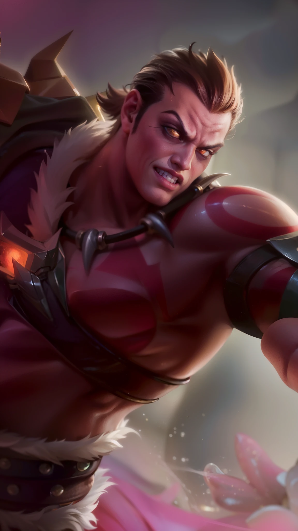 masculine male, masterpiece, ((perfect eyes)) best quality, (semirealism:1.9), beautiful lighting, (extremely detailed CG unity 4k fhd wallpaper), High Detail, Sharp focus, dramatic outdoors,40 years old, brown short hair, blue eyes, smile, Boy with two big horns, big earrings on ears, elf ear, red eyes, Thick eyebrows, evil smile, grinning,red body, red face, Burning skin, yellow diamonds glistening on chest, burning red skin,golden robe behind, big white belt , 8k , realistic, scary.