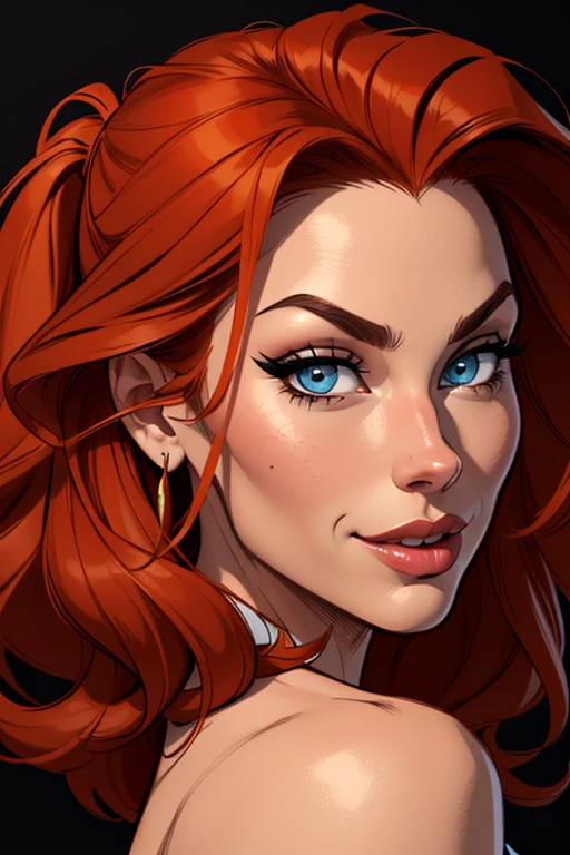 (cartoon style:1.2), Drawings of ([Red Sonja]), perfect eyes, detailed face, black background, fun posing, flirty look, Centered, scale to fit the dimensions
