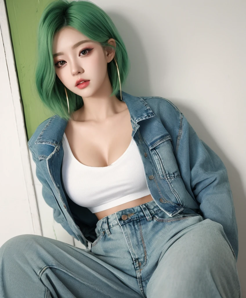 (8k, RAW photo, best quality:1.2, masterpiece, realistic, photo-realistic:1.4),1girl solo,25 years old,Korean mix,(detailed face:1.2, gyaru makeup),light green hair,short hair,BREAK,denim jacket,BREAK,sweat pants