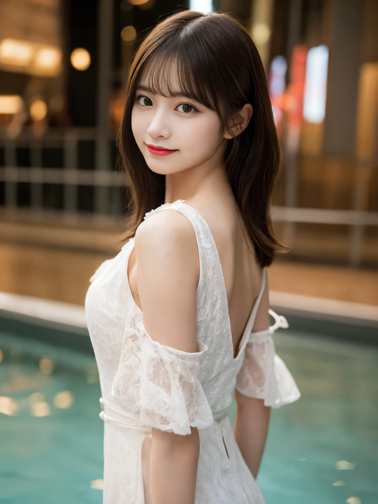 muste piece, best quality, illustration, Super detailed, fine details, High resolution, 8K Dende Wallpaper, perfect dynamic composition, beautiful detailed eyes, she is wearing a white dress,medium hair,natural color lip, shy smile,Harajuku style、20 year old girl、There is only one person, bust up photo、Correct posture、stretch your back、Never show your hands、Stand up straight、cute type、looking at camera、C Cup、golden hair、Don't touch it、Blurry night pool background