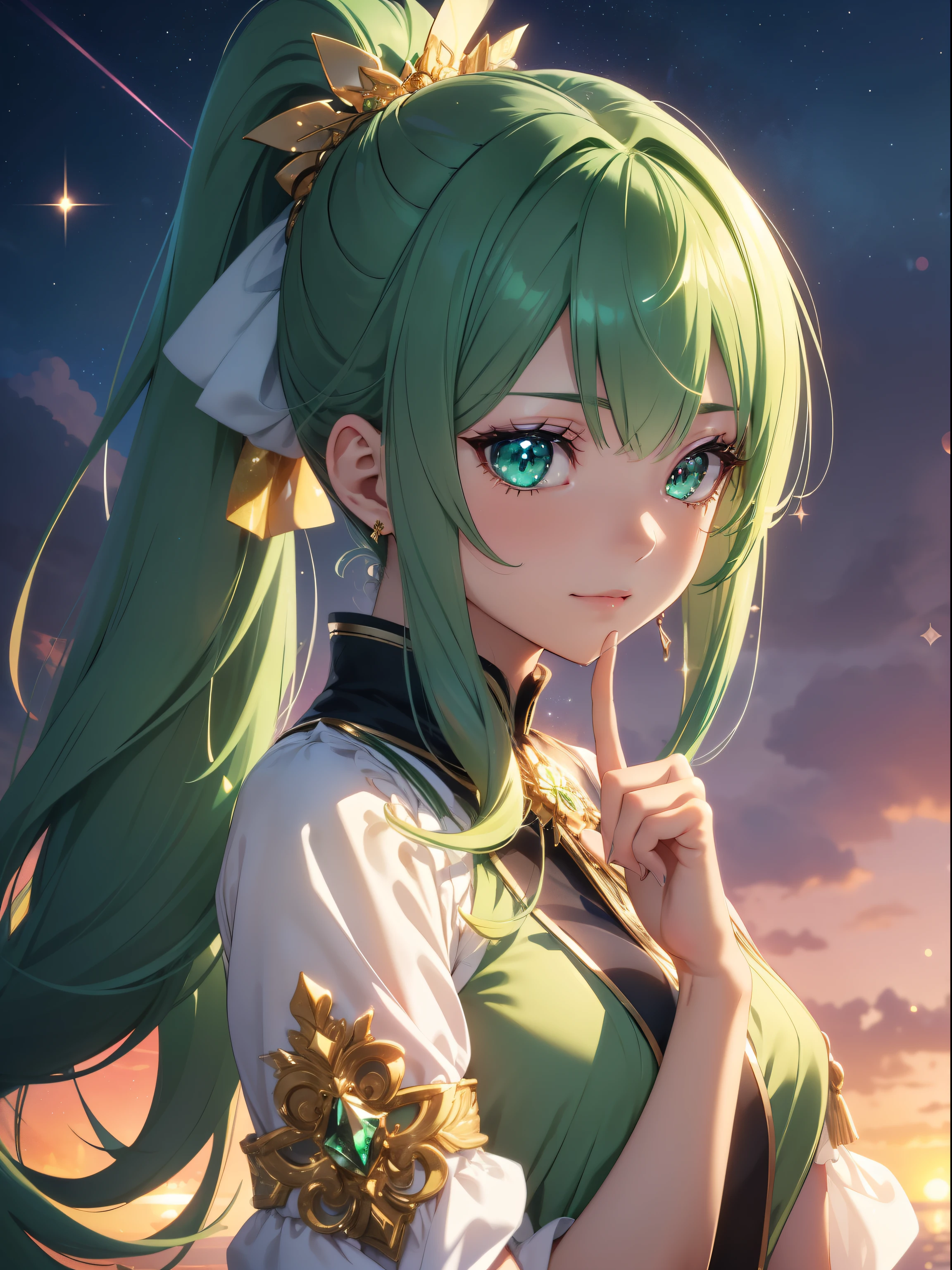masutepiece, High resolution, 8K, anime woman, Delicate and detailed writing 、Detailed digital illustration、absurdly long hair、(((Ponytail)))、Shiny hair、a very beautiful woman、Eyes are double, Large,Little hanging eyes、 Bust E Cup、High image quality, High quality、Detailed background、((Detailed and beautiful sunset sky background))、The inside of the eye shines like a diamond、(((Dark green hair)))、Gradient pupil、(((2 arms、4 fingers, 1 thumb)))、Detailed female face、a very beautiful woman、、细致背景、masterpiece、Soft Focus , Bright gradient watercolor , Lens Flare , (((Glitter))) , Glow , Dreamy ,a miniskirt、Idol、Light Green Ribbon、Very beautiful light green rose hair accessories、Light green and gold costume with white as the main color、((Macroface))、(Cool Girl).Tall lady、Dignified.((No bangs))、A smile、