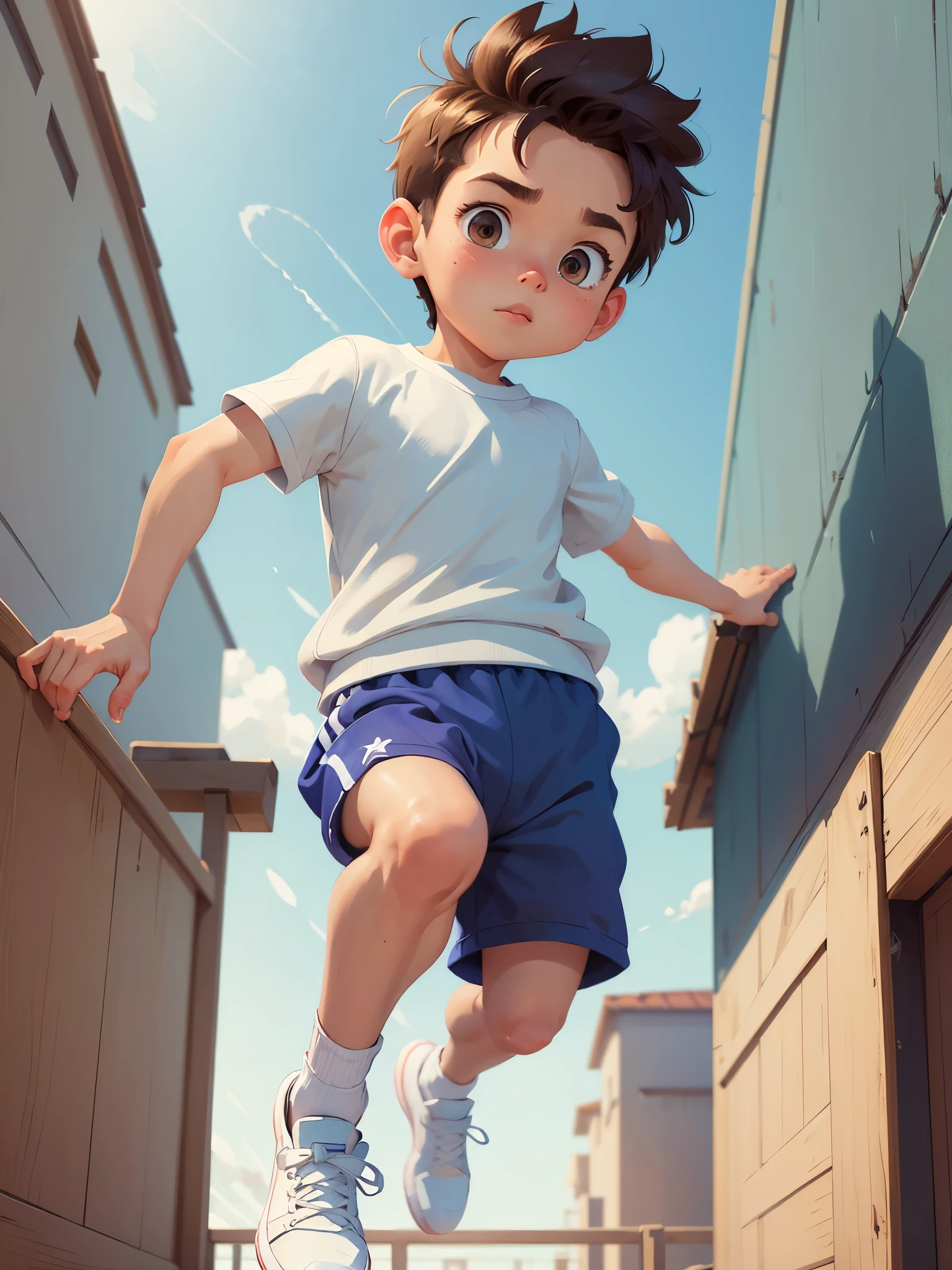 Anime style,Summer sky、Into the cloud、1boy,,Boy climbing a large oak tree towering over a hill。Cheerful boy。Tank Tops、breeches、sneakers、show his armpit, focus on the armpit, shine closer to the armpit。boy focus