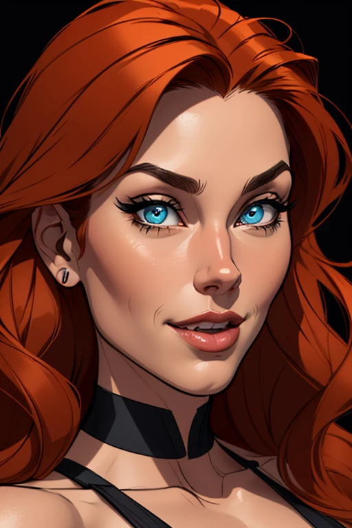 (cartoon style:1.2), Drawings of ([Red Sonja]), perfect eyes, detailed face, black background, fun posing, flirty look, Centered, scale to fit the dimensions