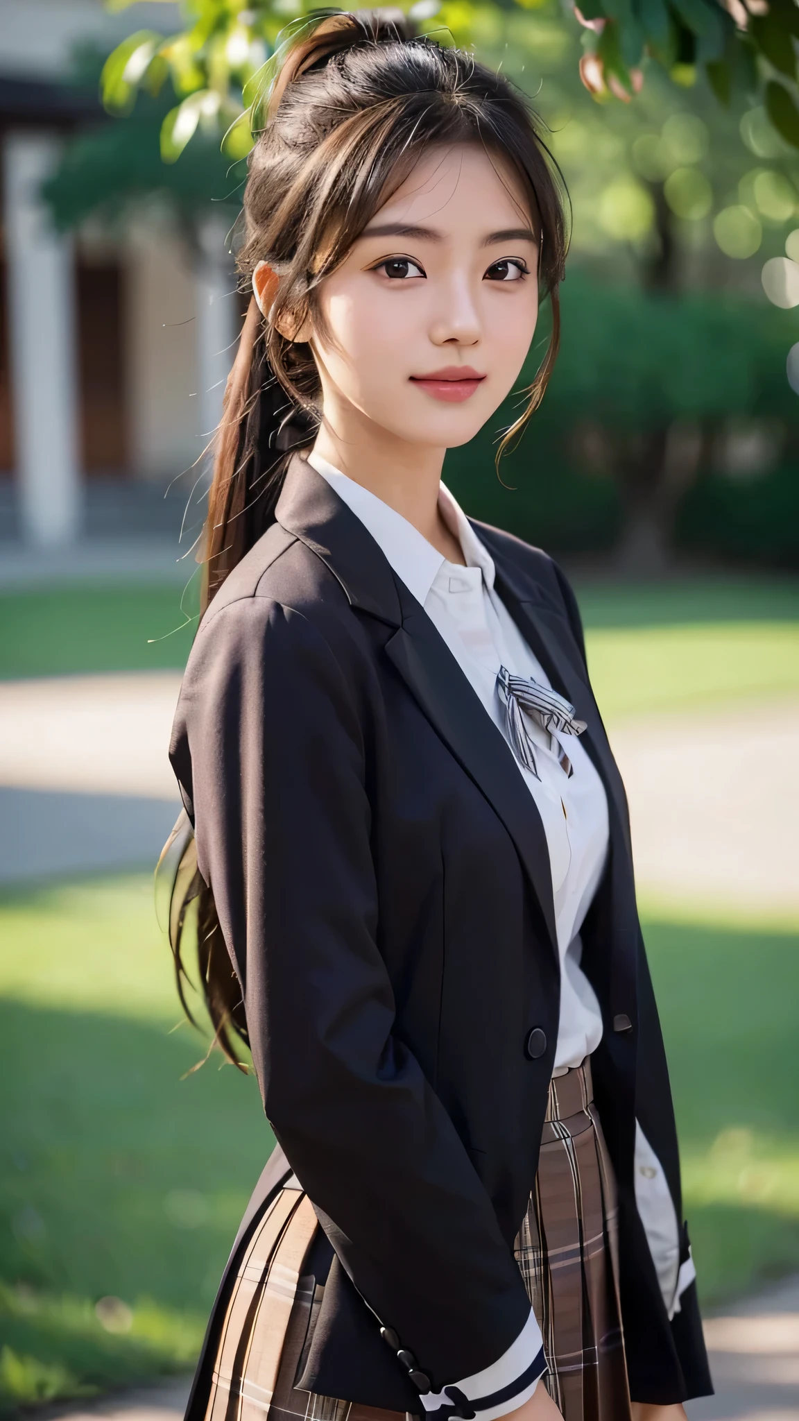Uniforms for Japanese High School Students,brown blazer,brown ribbon on chest,fully body photo,masutepiece, The highest image quality, High quality, the background is clear,Beautiful woman, Japanese, Detailed, Detailed eyes, Detailed skin, Beautiful skin, 超hight resolution, (reality: 1.4),Very beautiful woman, Slightly younger face, Beautiful skin, slender, (Ultra photo realsisim), (hight resolution), (8K), (Very detailed) (beautifully detailed eyes), (super detailed), (Detailed face), view the viewer, Fine details, Detailed face, Smiling, Staring straight ahead, Staring straight ahead, photos realistic, Bright lighting, Professional Lighting, Black hair, ,poneyTail,a baby face,sixteen years old,髪型はponeyTail,wear a ribbon,ロングのponeyTailの髪型,Angle from waist up,standing and posing,brown plaid skirt,brown blazer,brown ribbon on chest,outdoors,