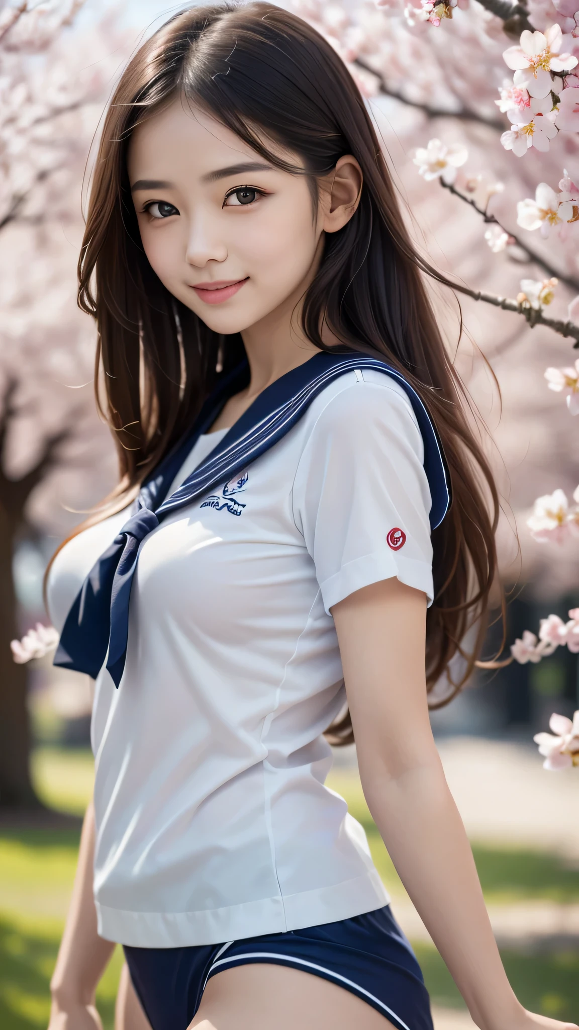 1 girl, (highly detailed eyes, highly detailed face), Search Smile, (sailor suit), chest, panties, (highest quality:1.4), RAW photo, (surreal), (realistic:1.4), professional photography, cinematic light, Cherry tree, spring, sunny, Depth of bounds written,