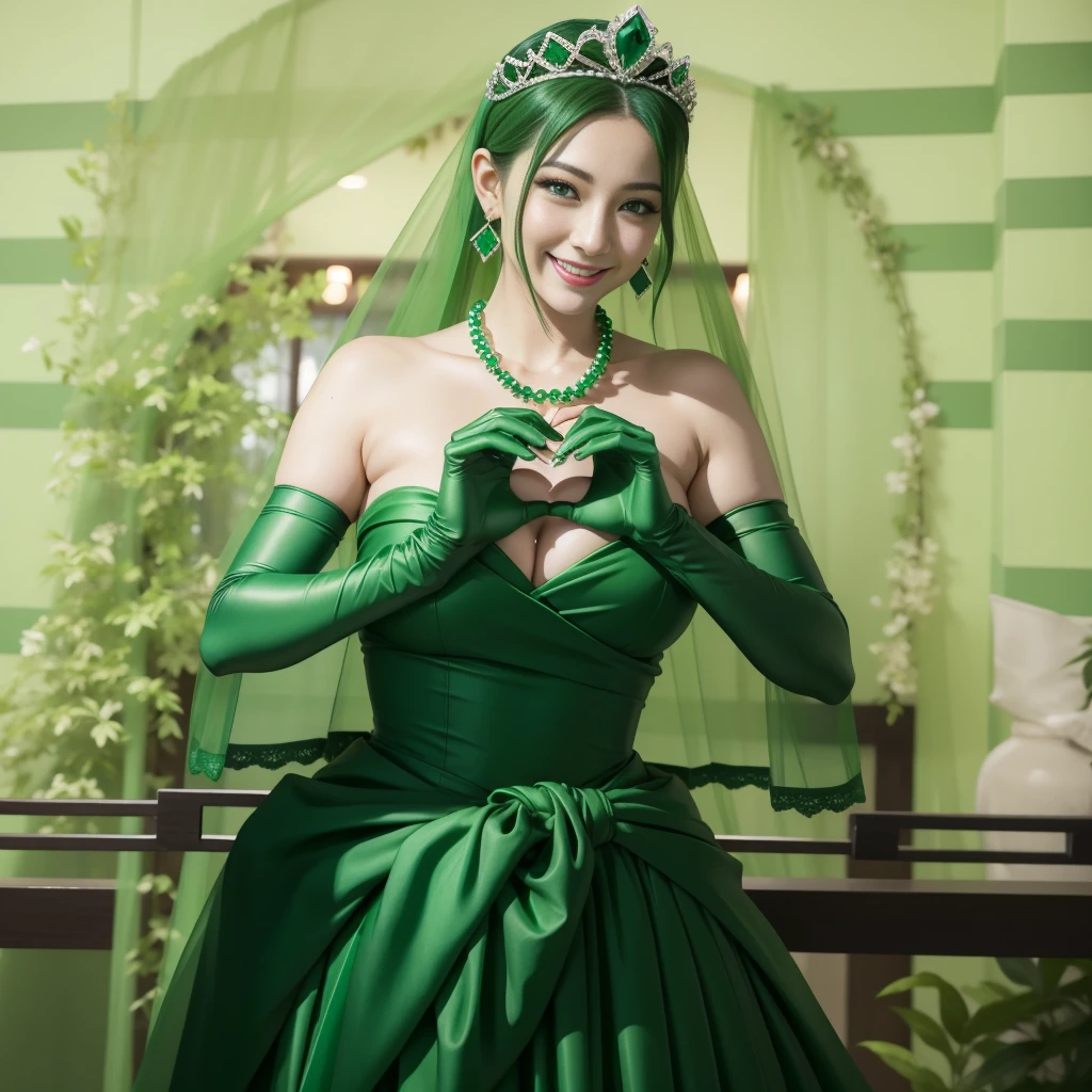 emerald tiara, green pearl necklace, ボーイッシュな非常に短いgreen hair, lipstick, smiling Japanese woman, very short hair, Beauty with large breasts, green eyes, Long Green Satin Gloves, green eyes, emerald earrings, green veil, heart with both hands, green hair, beautiful japanese woman, heart shaped hand:1.3