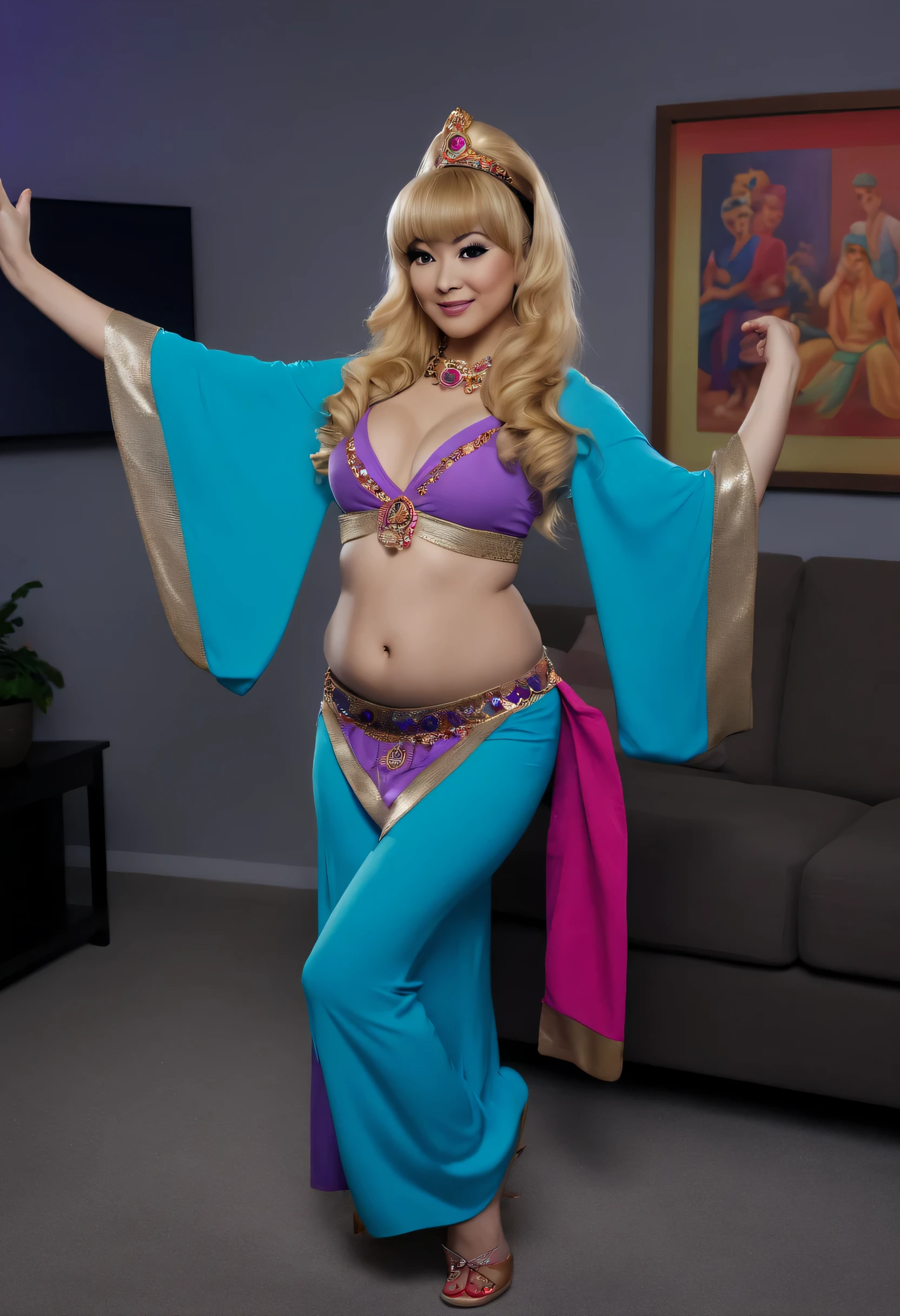 instagram star Xiaorou SeeU, dressed in cosplay as Jeannie from TV show I dream of Jeannie, she is belly dancing and adorable, no nudity, safe for work, show all of her, full body shot, head to toe, highest detail, masterpiece, extreme quality, avoid bad anatomy, avoid limbs vanishing or splitting”