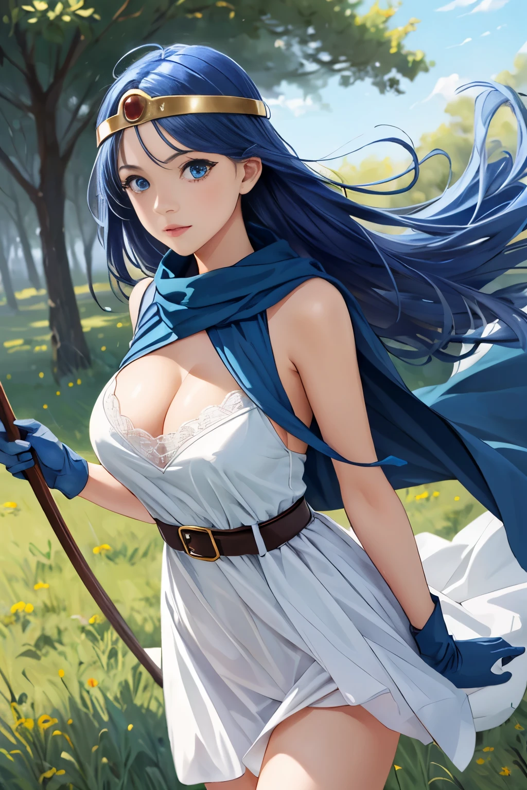 2D, masterpiece, highest quality, anime, highly detailed background, perfect lighting, (beautiful, highest quality:1.1), masterpiece, perfect eyes,
(beautiful), (erotic:1.2)
1 girl, cleavage,long hair, blue hair, blue eyes,
1 girl, standing in the room, Upper body, looking at the viewer,(masterpiece, highest quality:1.1), sage_(DQ3), 1 girl, (holding staff, staff:1.1), alone, long hair, blue hair, circlet, red eyes, big breasts, yellow gloves, white dress, belt, cape, boots, cleavage, bare shoulders, underwear, Are standing, whole body, Grass, wind lift, simple background, nature
