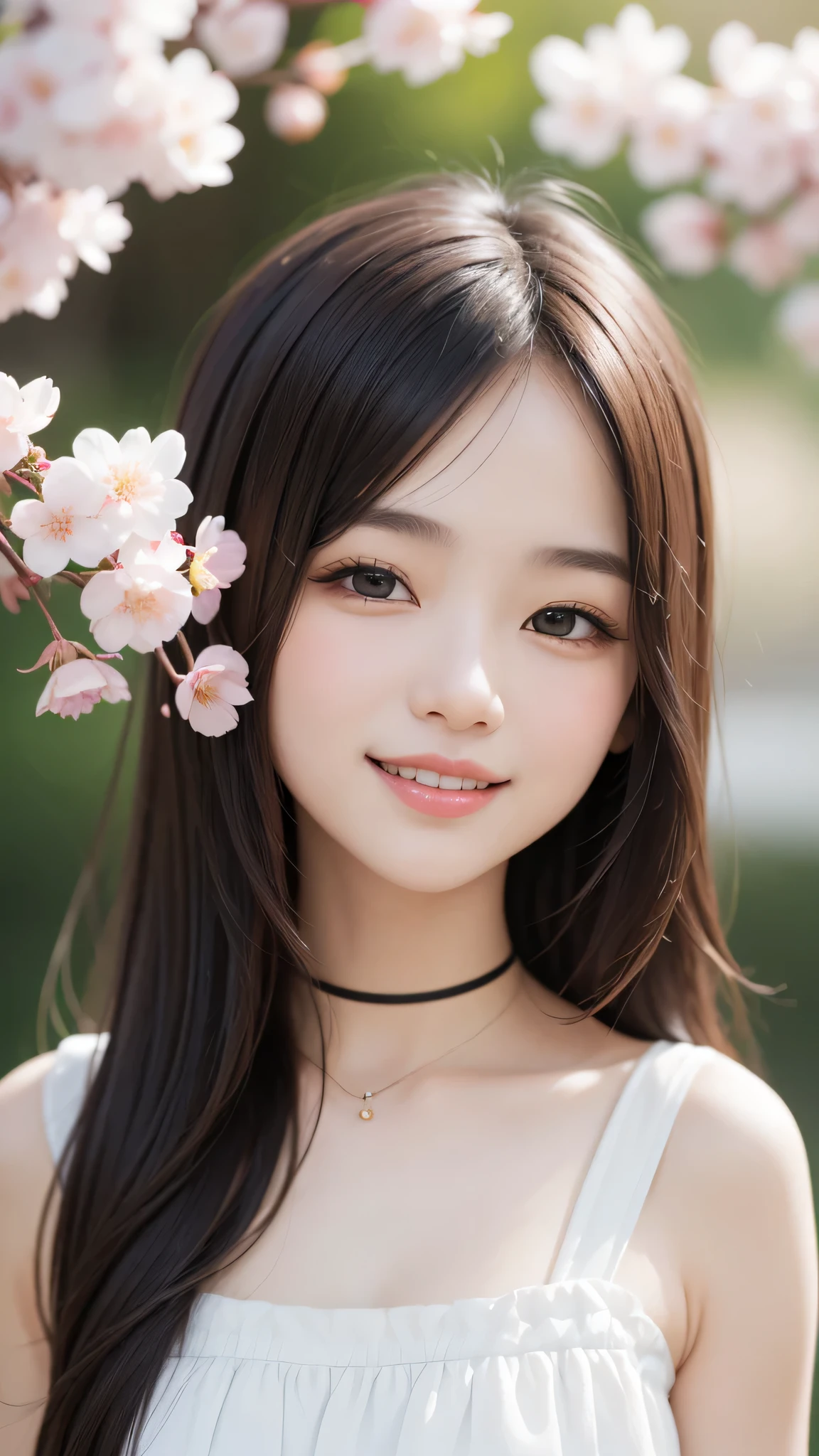 (1ung girl), cute face, kawaii, Brown hair, instagram beautiful girl photos, great smiles, (Best Quality:1.3), (Ultra-detailed), (extremely detailed CG unified 8k wallpaper), Highly detailed, High-definition raw color photos, Professional Photography, cherry blossom, colorful pictures, colorful photos, depth of fields, 