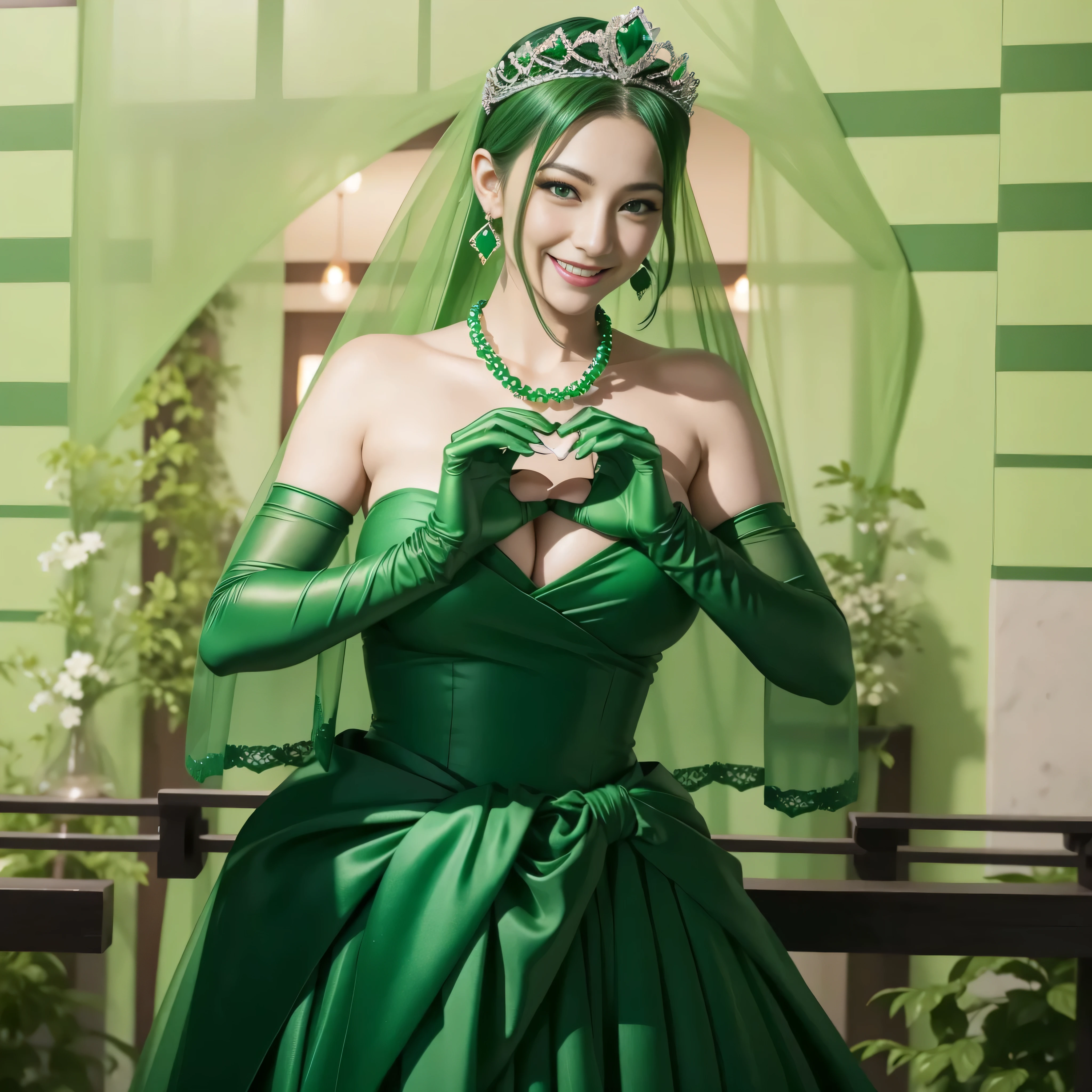 emerald tiara, green pearl necklace, ボーイッシュな非常に短いgreen hair, lipstick, smiling Japanese woman, very short hair, Beauty with large breasts, green eyes, Long Green Satin Gloves, green eyes, emerald earrings, green veil, heart with both hands, green hair, beautiful japanese woman, heart shaped hand:1.3