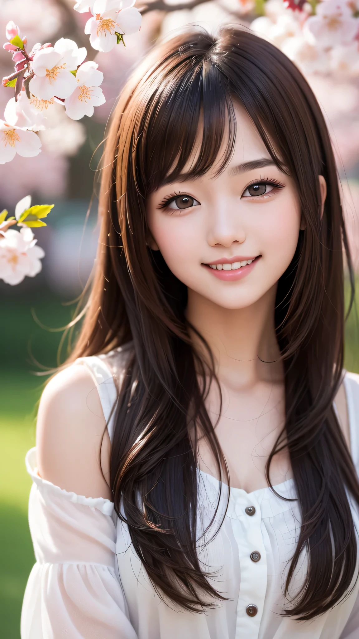 (ung girl), cute face, kawaii, Brown hair, instagram beautiful girl photos, great smiles, (Best Quality:1.3), (Ultra-detailed), (extremely detailed CG unified 8k wallpaper), Highly detailed, High-definition raw color photos, Professional Photography, cherry blossom, colorful pictures, colorful photos, depth of fields,