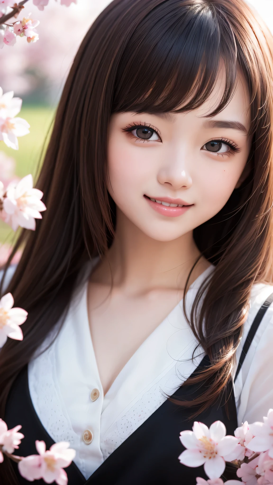 (1young girl), cute face, kawaii, Brown hair, instagram beautiful girl photos, great smiles, (Best Quality:1.3), (Ultra-detailed), (extremely detailed CG unified 8k wallpaper), Highly detailed, High-definition raw color photos, Professional Photography, cherry blossom, colorful pictures, colorful photos, depth of fields,