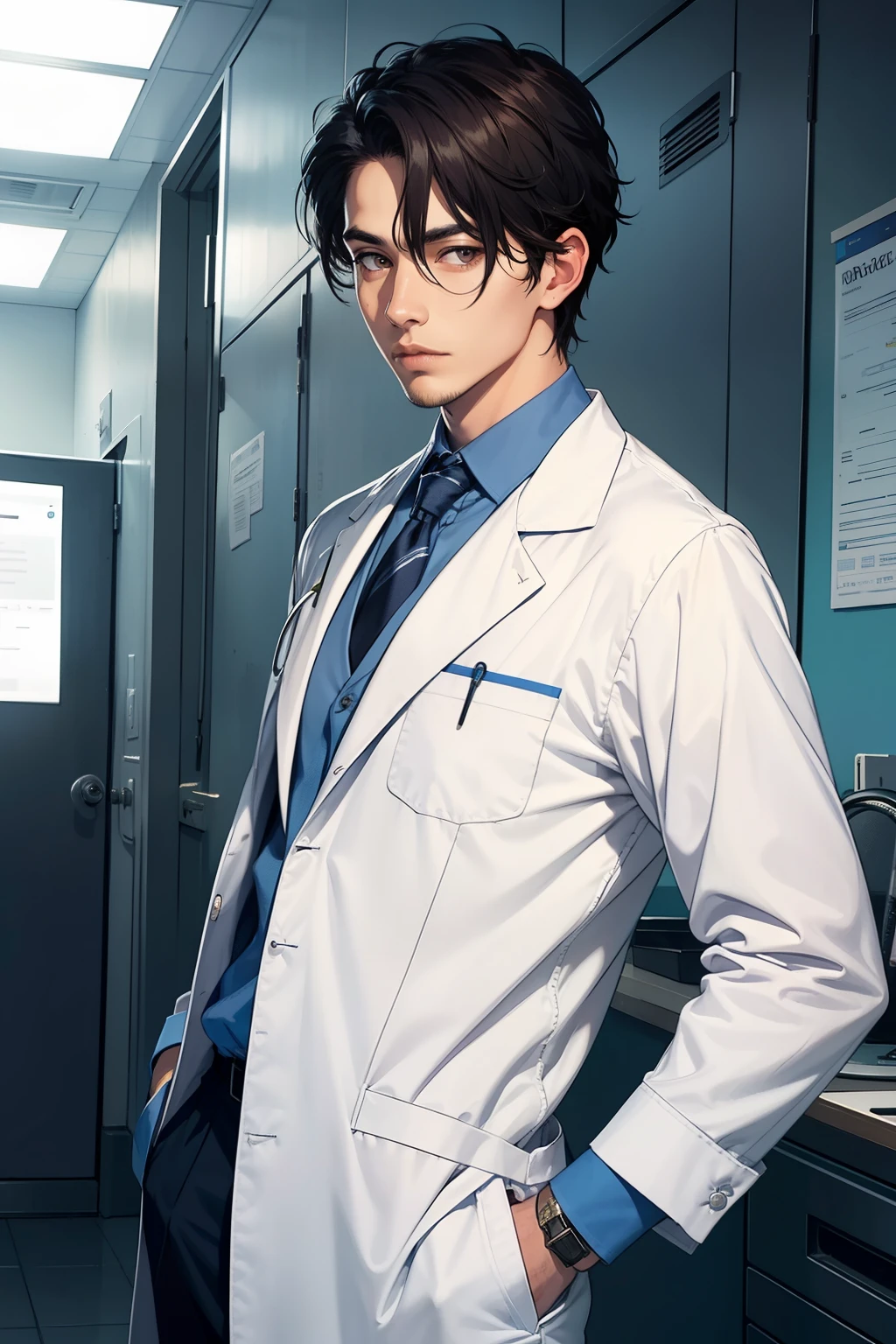 <lora:GoodHands-vanilla:0.8> <lora:more_details:0.4>
1boy, (doctor:1.5), open clothes, male focus, 1boy, solo, pectorals, navel, abs, open clothes, pants, short hair, muscular, muscular male, bara, looking at viewer, black hair, nipples, large pectorals, hand in pocket, shirt, closed mouth, white pants, white shirt, window, indoors, day, brown eyes, bangs, white coat, bare pectorals, open shirt, masterpiece, 4k, high quality, highres, absurdres,