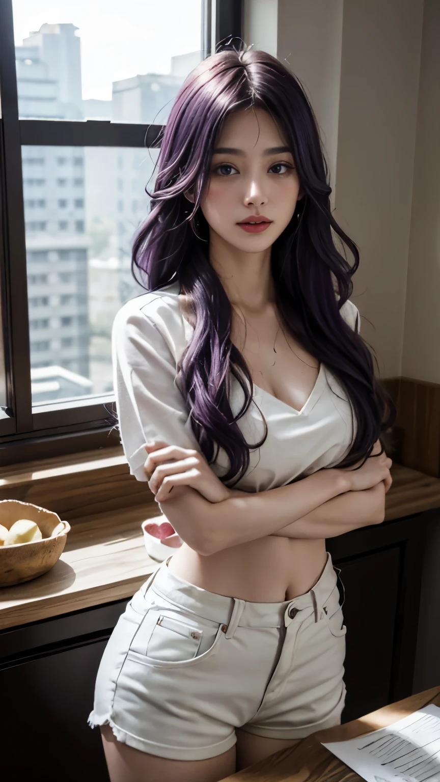 Full face portrait photo of a 25-year-old Finnish girl,RAW,beautiful woman,half-open strawberry lips,A look of longing,(Purple hair big breasts,purple hair,thick braid),((detailed的脸部)),(((detailed的五官)) ,(Delicate skin),pale skin,doctor,wearing white shirt,shorts,soft natural light,operating room environment,(Cool colors),moist,reflection,(masterpiece)(perfect aspect ratio),(lifelike的照片),(best quality),(detailed)Use the Canon EOS R5、50mm lens、F/2.8、HDR、(8k)(wallpaper)(illumination)(戏剧illumination)(sharp focus)(complex)、raw photos、raw photos、Gigachad photo、Posing for camera、Behind your arms、8k uhd、Slr、high quality、film grain、Fujifilm XT3、Extremely detailed、lifelike、lifelike、incredibly ridiculous、Highly detailed、sharp focus、(专业工作室illumination)、(Professional color grading)、边缘illumination、Dramatic lighting,illumination、流明reflection、soft natural light、pastel colors、photon mapping、Radiosity、(beautiful purple eyes)、(detailed的眼睛)、(detailed的脸部)、symmetrical eyes、sharp sharp eyes、cold face、whole body)、(( (high detail))),((Wet,Oil lubrication))),((Perfect body)),thin waist。