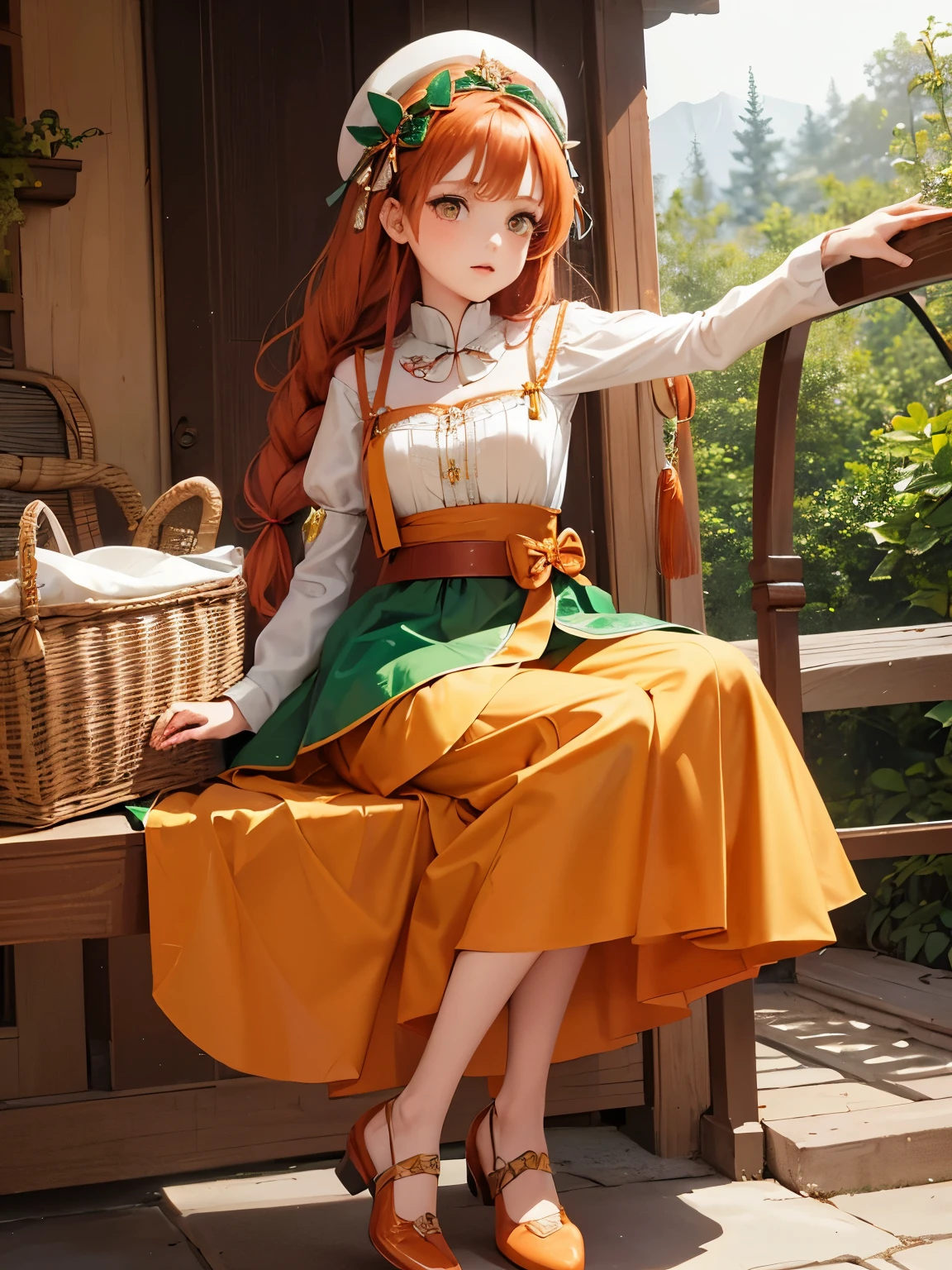 A young 9 years old children, she has copper-red hair, styled in a braid that hangs over her shoulder, adorned with ribbon bows, has bright amber-yellow eyes, wears a simple tiara and wears a green and white dress full of details. emeralds and silver, with a white cap, a cloth belt with bows, with a pleated and hemmed hem of the dress has traces of darker lace, she wears orange flats , 2D, Re:Zero srt style, ultra detailed, peak art style, inocent children