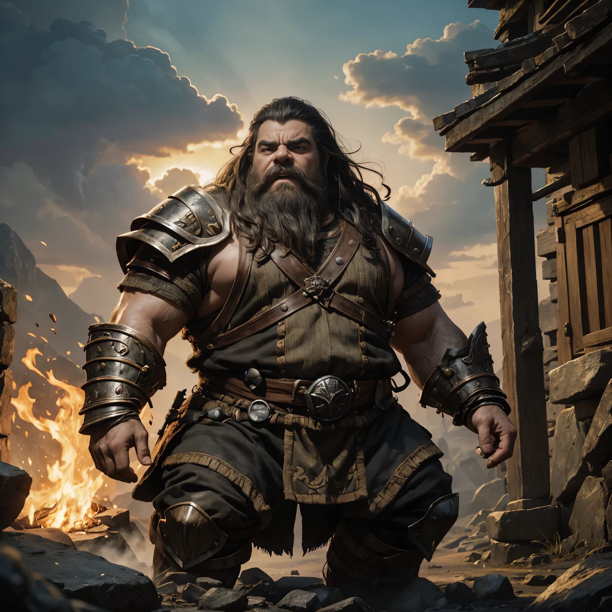 Imagine a new full-bodied character: a dwarf from a fantasy world, short in stature with a robust build and a voluminous black beard that cascades in thick strands. His skin is of a pale hue, and his short black hair adds to the overall rugged appearance. Standout features include a prominent nose and thick eyebrows, giving him a distinctive and formidable expression.
Adorned in a complete suit of steel armor, this dwarf, now without the forge hammer, emanates a fierce aura. His facial expression reflects a mix of anger and elemental power, amplifying his commanding presence. The setting places him in an ancient dwarf temple, now covered in foliage and weathered by the passage of time, providing a rich and detailed backdrop to his character.
The full-bodied image captures the essence of this dwarf, showcasing not only his physical prowess but also the elemental rage that courses through him, set against the backdrop of the aged dwarf temple, steeped in history and mystery.