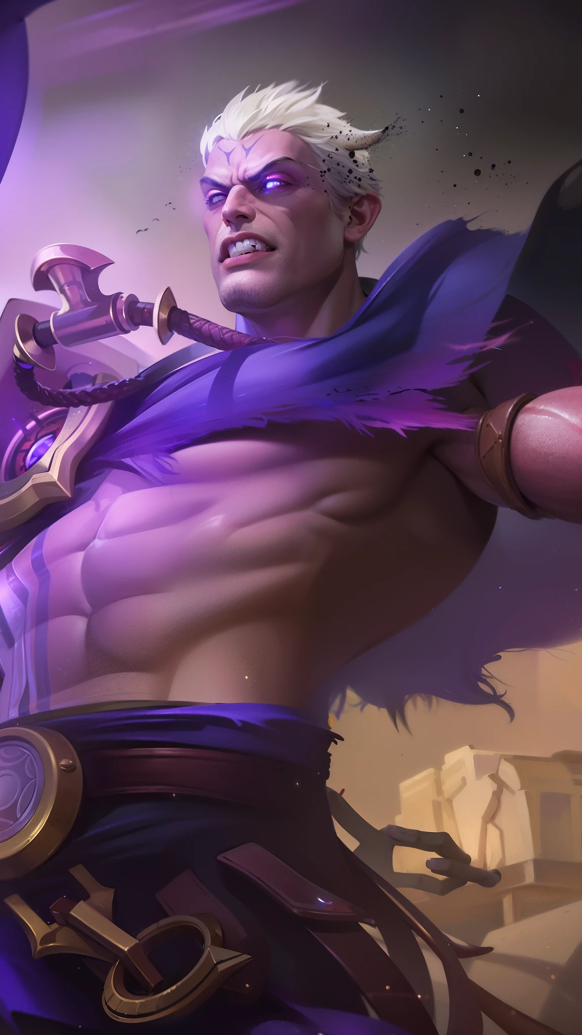 masculine male, masterpiece, ((perfect eyes)) best quality, (semirealism:1.9), beautiful lighting, (extremely detailed CG unity 4k fhd wallpaper), High Detail, Sharp focus, dramatic outdoors,40 years old, brown short hair, blue eyes, smile, Boy with two big horns, big earrings on ears, elf ear, red eyes, Thick eyebrows, evil smile, grinning,red body, red face, Burning skin, yellow diamonds glistening on chest, burning red skin,golden robe behind, big white belt , 8k , realistic, scary.