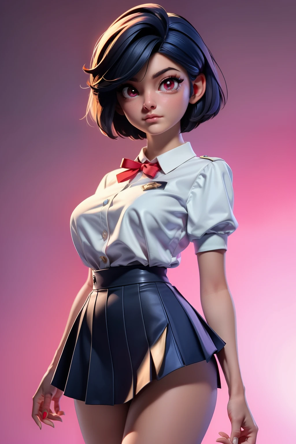 1girl, red eyes, short hair, school uniform, big breast, mini skirt, on the class, innocent face, unity 8k wallpaper, ultra detailed, aesthetic, masterpiece, best quality, photorealistic