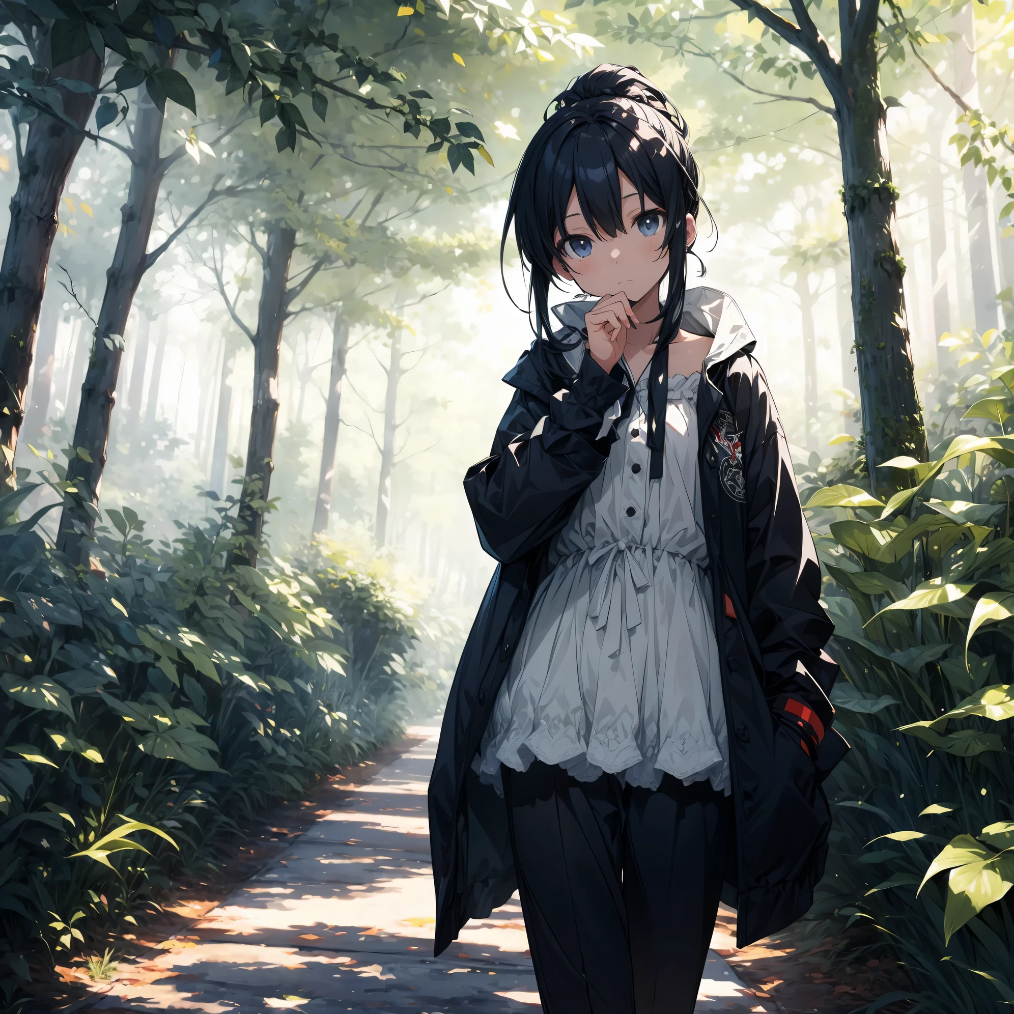 Super high quality by the art god, super detailed, High resolution,Fujichoco style, anime moe art style, best anime 8K konachan wallpaper, pixiv contest winner,Irasutoya, perfect anatomy, break,(森をalone慎重に歩く女の子の絵を描きます. ),break, Surreal cute girl, (alone,lolita, , 12 years old:1.3),All limbs, full finger, androgynous charm, (ponytail), short bob cut, flat chest, , small ass, between legs, beautiful and fine eyes, Well-proportioned iris and pupils, High resolutionの詳細な髪, round glasses, (I'm wearing a camisole top,shorts:1.2),have,bare shoulders,sweating,warmer than usual, In the summer forest. break,super detailed肌, Best lighting by famous artists, 8K, figure,