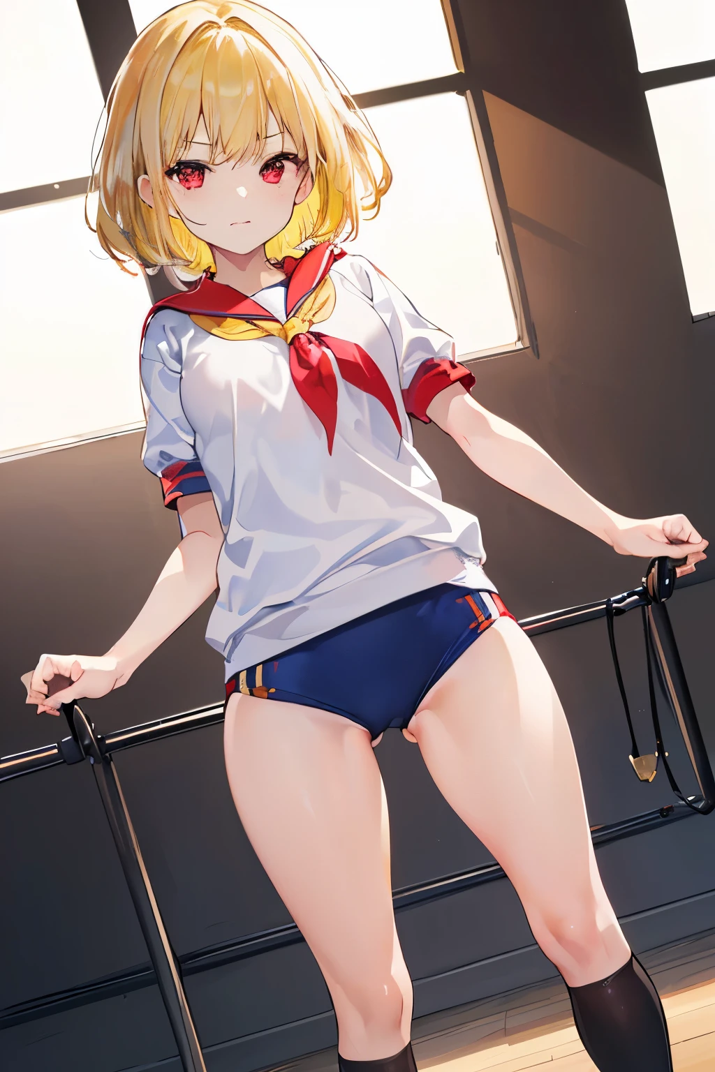 (((1girl))), ((best quality)), ((masterpiece)), ((ultra-detailed)), (illustration), (detailed light), (an extremely delicate and beautiful), (beautiful detailed eyes), (sunlight), ((extremely light)), ((extremely clothes)), (((hyper detail)))
(((gym uniform for school girls))),
,
wavy short manish bob, ((((yellow gold hair)))), ((short hair)),
(((deep red eyes))),
(((whole body))), aged 13 to 16,
(((condescending expression))), (mischievous smile with sexual satisfaction), (((extra adorable))), (((extra slender shape))),
(((extremely beautiful detailed face))),
(((standing in the school gym))), (((((Dutch angle))))),
((())),
(((extremely thin thighs))), (((dark brown stockings)))