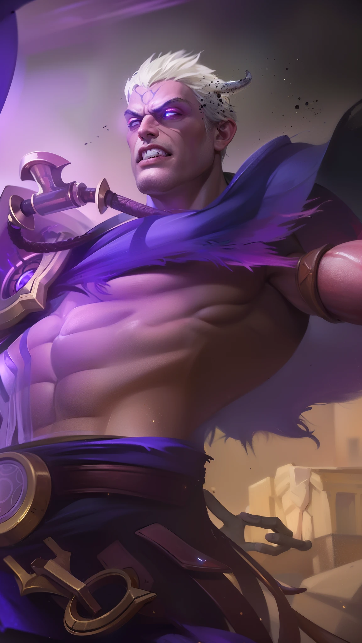 masculine male, masterpiece, ((perfect eyes)) best quality, (semirealism:1.9), beautiful lighting, (extremely detailed CG unity 4k fhd wallpaper), High Detail, Sharp focus, dramatic outdoors,40 years old, brown short hair, blue eyes, smile, Boy with two big horns, big earrings on ears, elf ear, red eyes, Thick eyebrows, evil smile, grinning,red body, red face, Burning skin, yellow diamonds glistening on chest, burning red skin,golden robe behind, big white belt , 8k , realistic, scary.