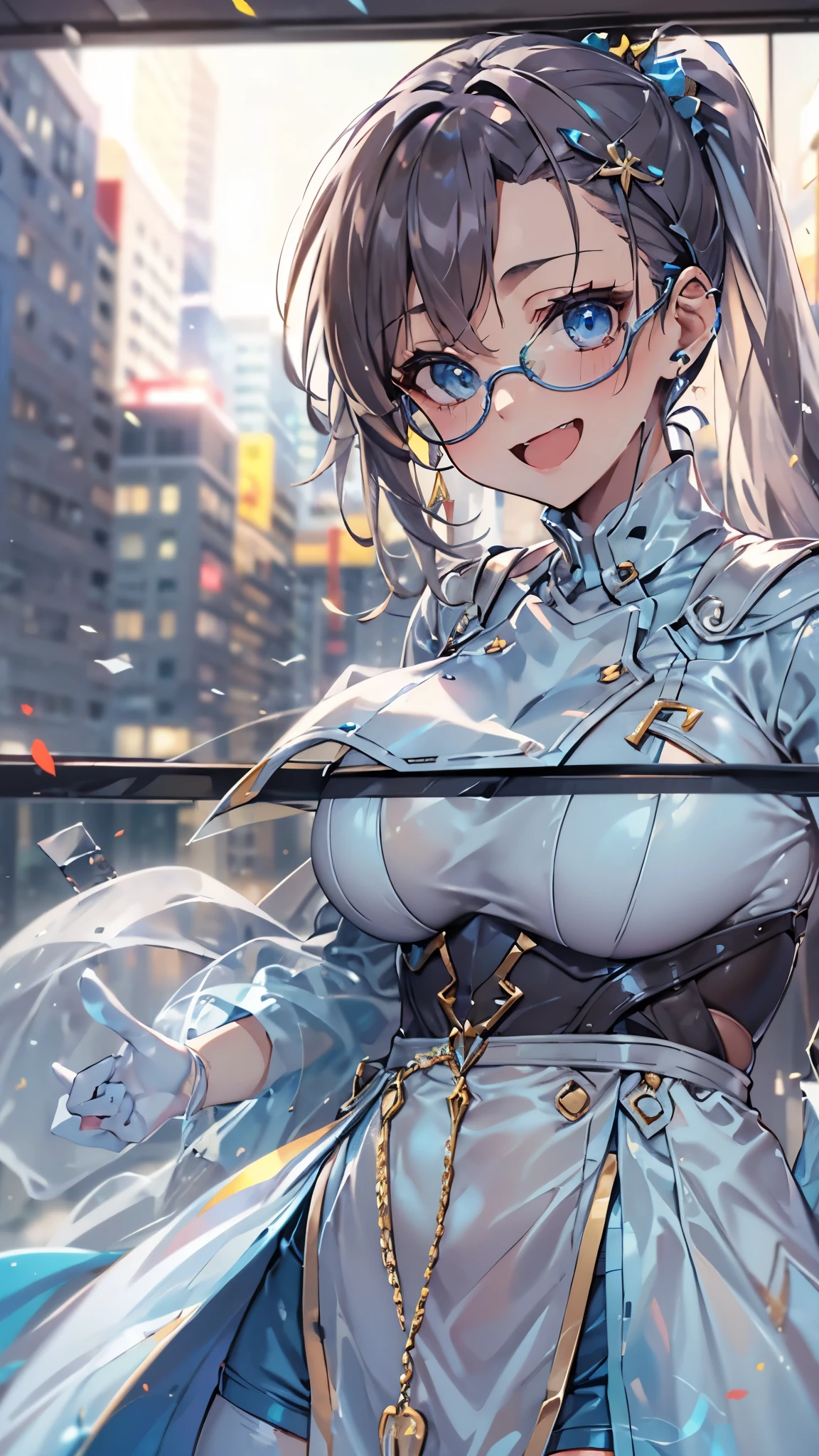 woman,14 years old,,city,night,(((white and blue tight miniskirt bodysuit))),,open mouth smile((See-through))glasses,((beautiful long ponytail)),((Baby girl body shape))