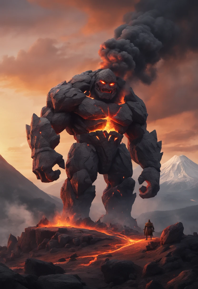 mighty golem, giant stone golem, solo, dark fantasy, mountain background, volcano in the distance, lava, at sunset, lots of smokes, medieval setting, fire