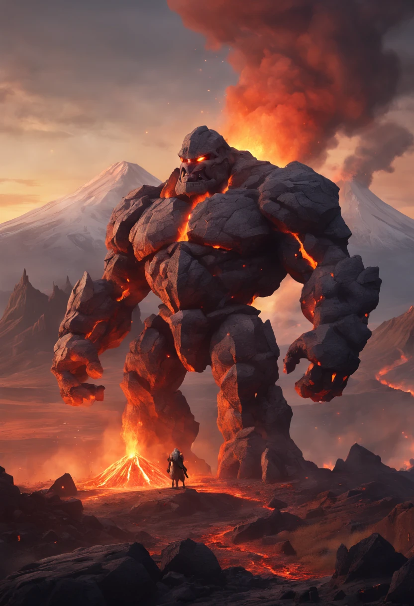 mighty golem, giant stone golem, solo, dark fantasy, mountain background, volcano in the distance, lava, at sunset, lots of smokes, medieval setting, fire