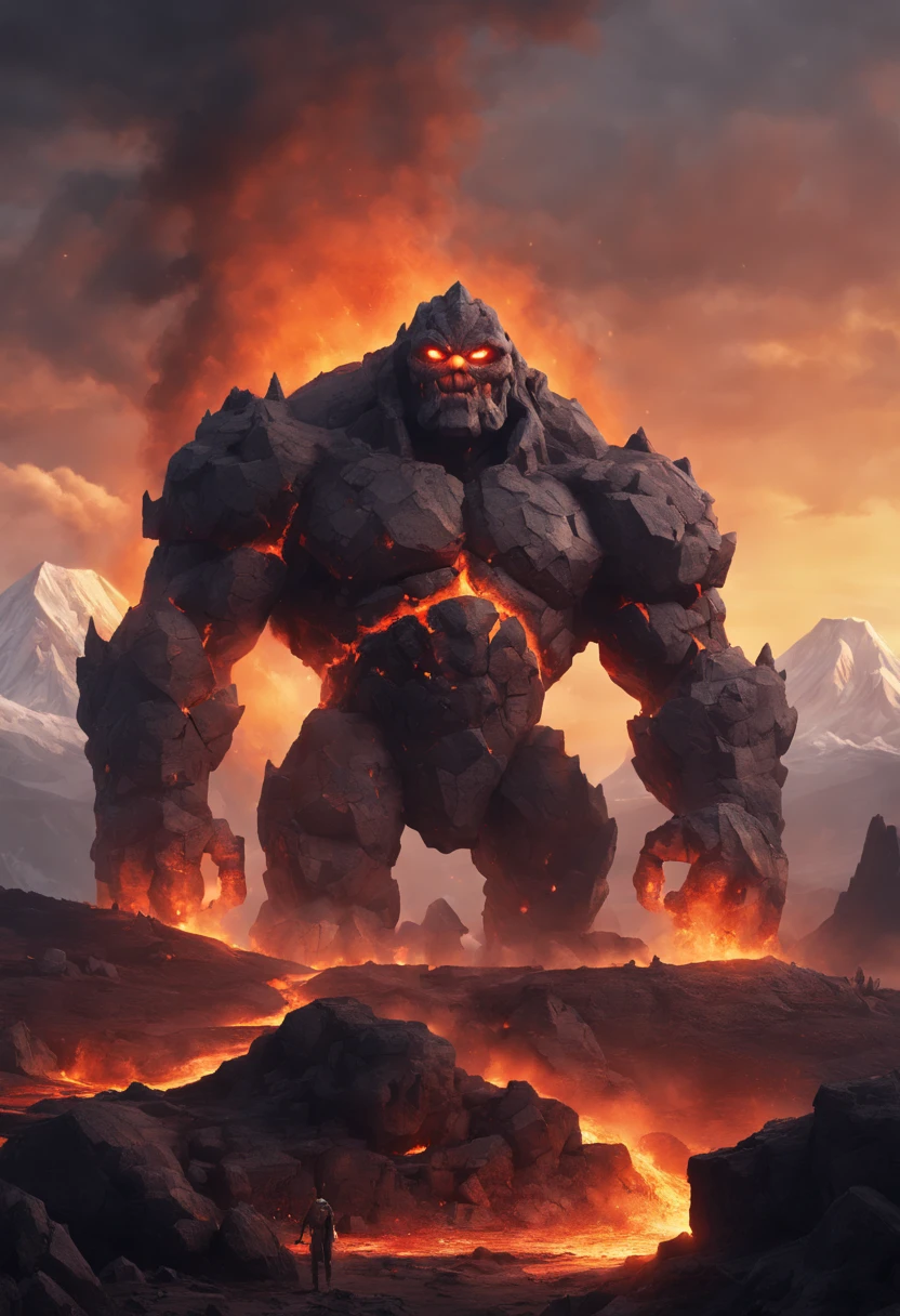 mighty golem, giant stone golem, solo, dark fantasy, mountain background, volcano in the distance, lava, at sunset, lots of smokes, medieval setting, fire
