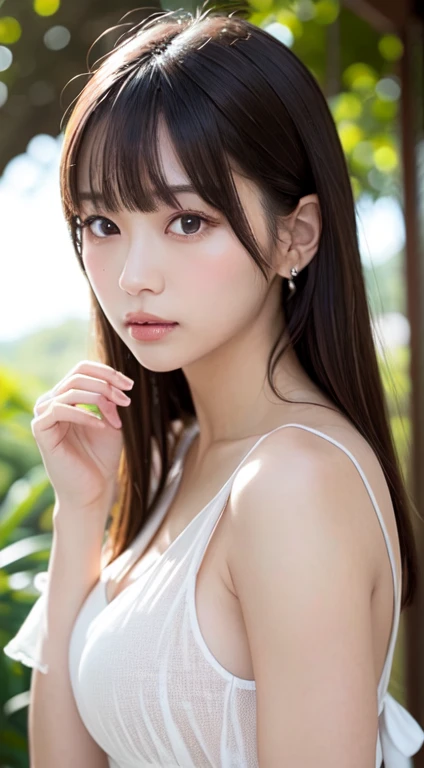 1womanl, up of face, large breasts, light brown hair, Blunt bangs, hair behind ear, hair over shoulder, Long hair, slender body shape, Ultra Fine Face, Thin face, Delicate lips, Beautiful eyes, thin blush, eyes are light brown, perfect glossy skin, flawless skin, Glistening sweat,View here, Ultra-thin hands, Ultra-fine fingers, best ratio four finger and one thumb, (realisitic:1.3), Finger Extensions, See-through white blouse, no bra. Broad-leaved forest, One-person viewpoint, Fuji Film, F/1.2, 8K, masutepiece, nffsw, Super Detail, High quality, Best Quality, hight resolution,