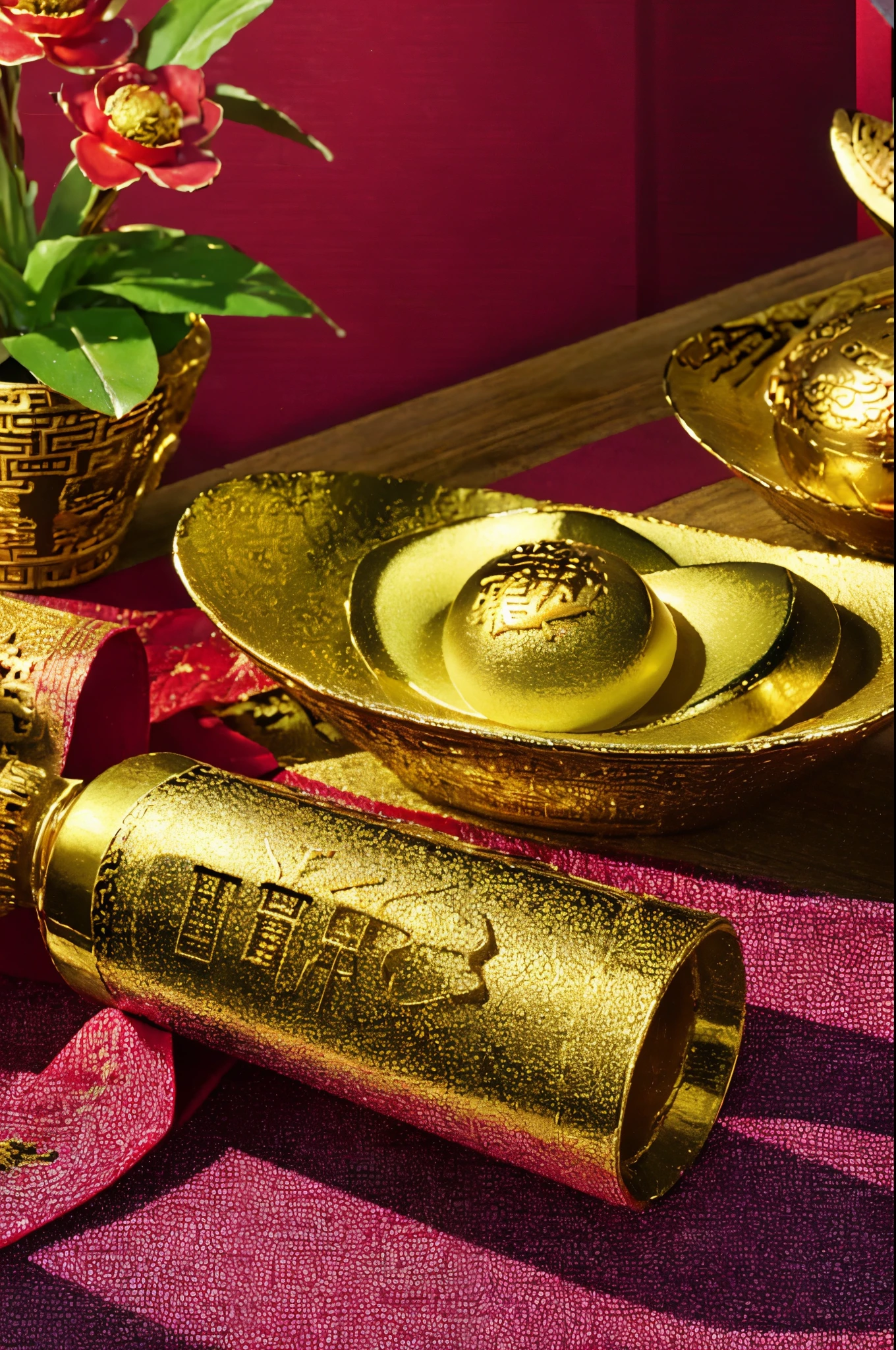 The living room is decorated with Chinese New Year decorations,  and there are several large Jin yuanbao on the table. Jin yuanbao, Jin yuanbao,