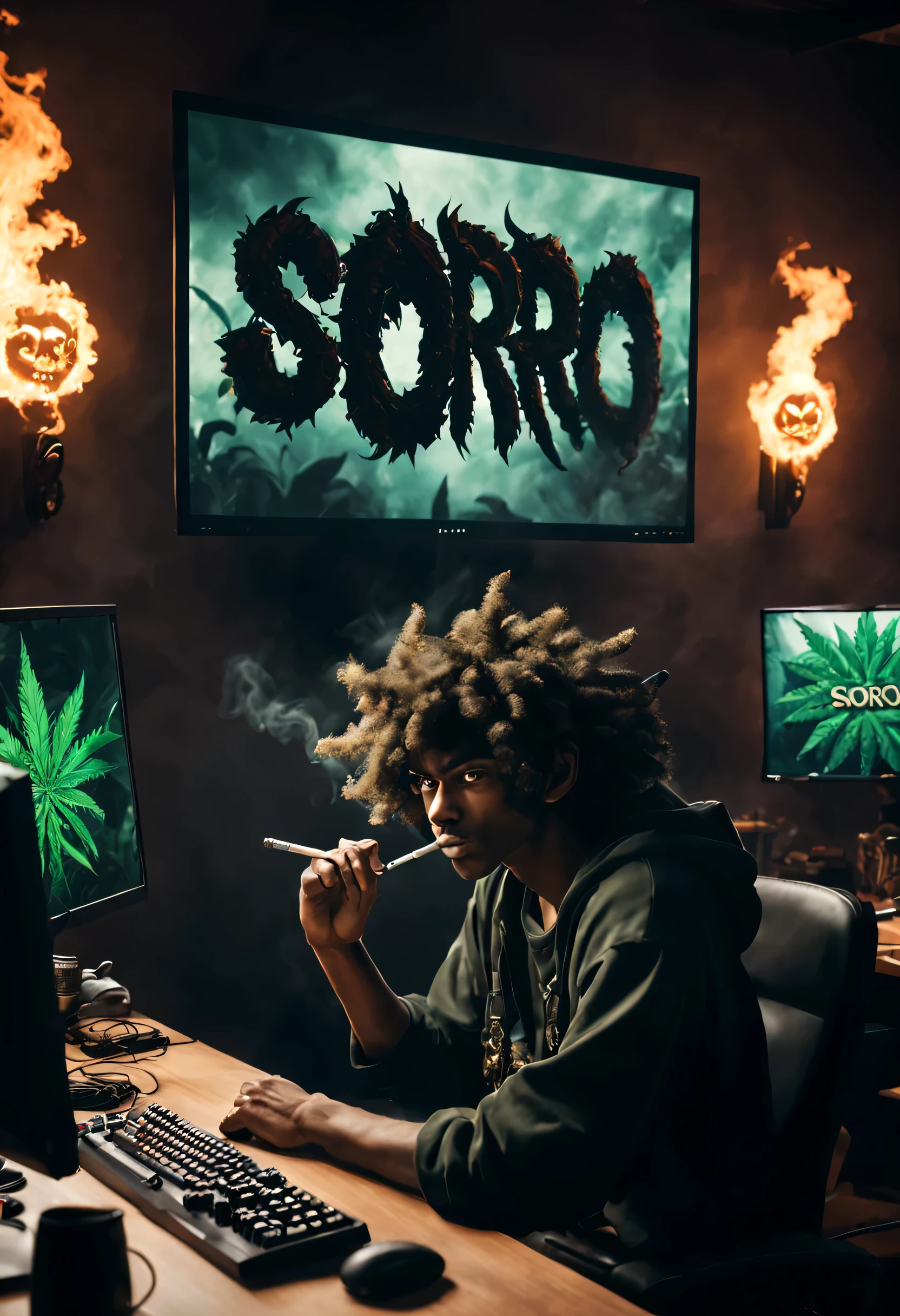 big letters spelling the word SORO,anime style, a dude playing a mmorpg on pc desk with screen showing the game runing in 32k, highly detailed , he smoking a huge weed joint the room is full of smoke ,demons in the backgroung hunting the gamer with creepy lokking eyes, curly hair north west african, the word SORO IS ON SCREEN , mask on