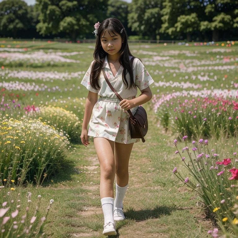 A beautiful 12-year-old girl with Asian features dressed as a  with short socks walking through a field of flowers