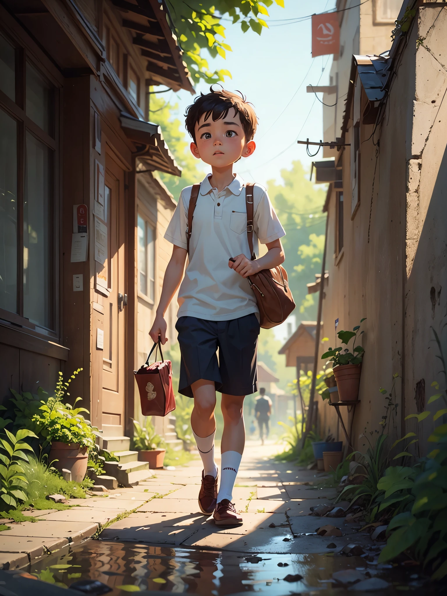 masterpiece, best quality，Illustration of a cute boy walking by the river，Pixar style, stills，simple background，Wear a school uniform，perfect details，