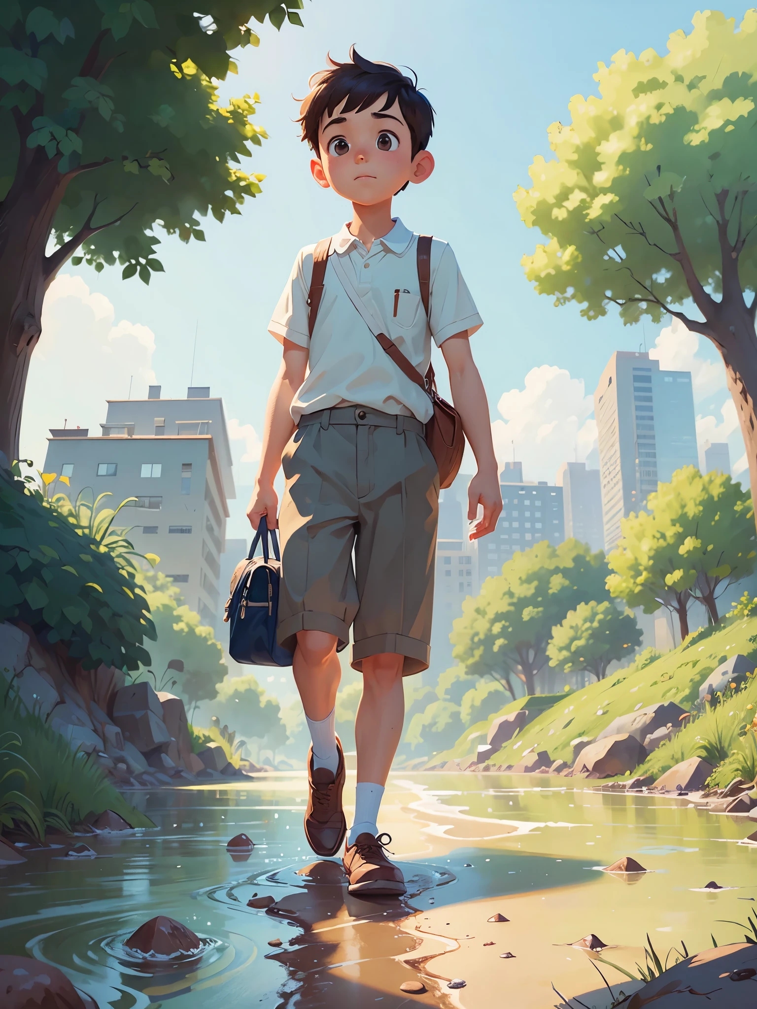 masterpiece, best quality，Illustration of a cute boy walking by the river，Pixar style, stills，simple background，Wear a school uniform，perfect details，