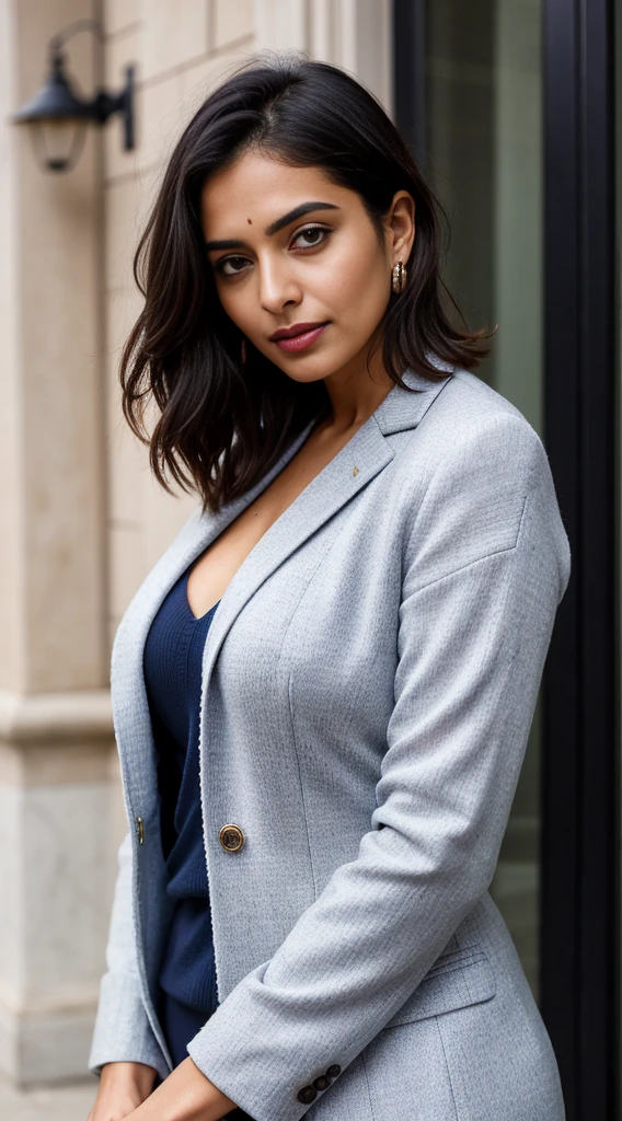 create a hyper realistic vertical photo of Indian most attractive serious woman flirty gaze in her 40s, blue sweater suit, Layered Bob for Thick Hair, trending on art station, portrait, digital art, modern, sleek, highly detailed, formal, determined, CEO, colorized, smooth, charming, pretty, soft smile, pink lipstick, soft lips,