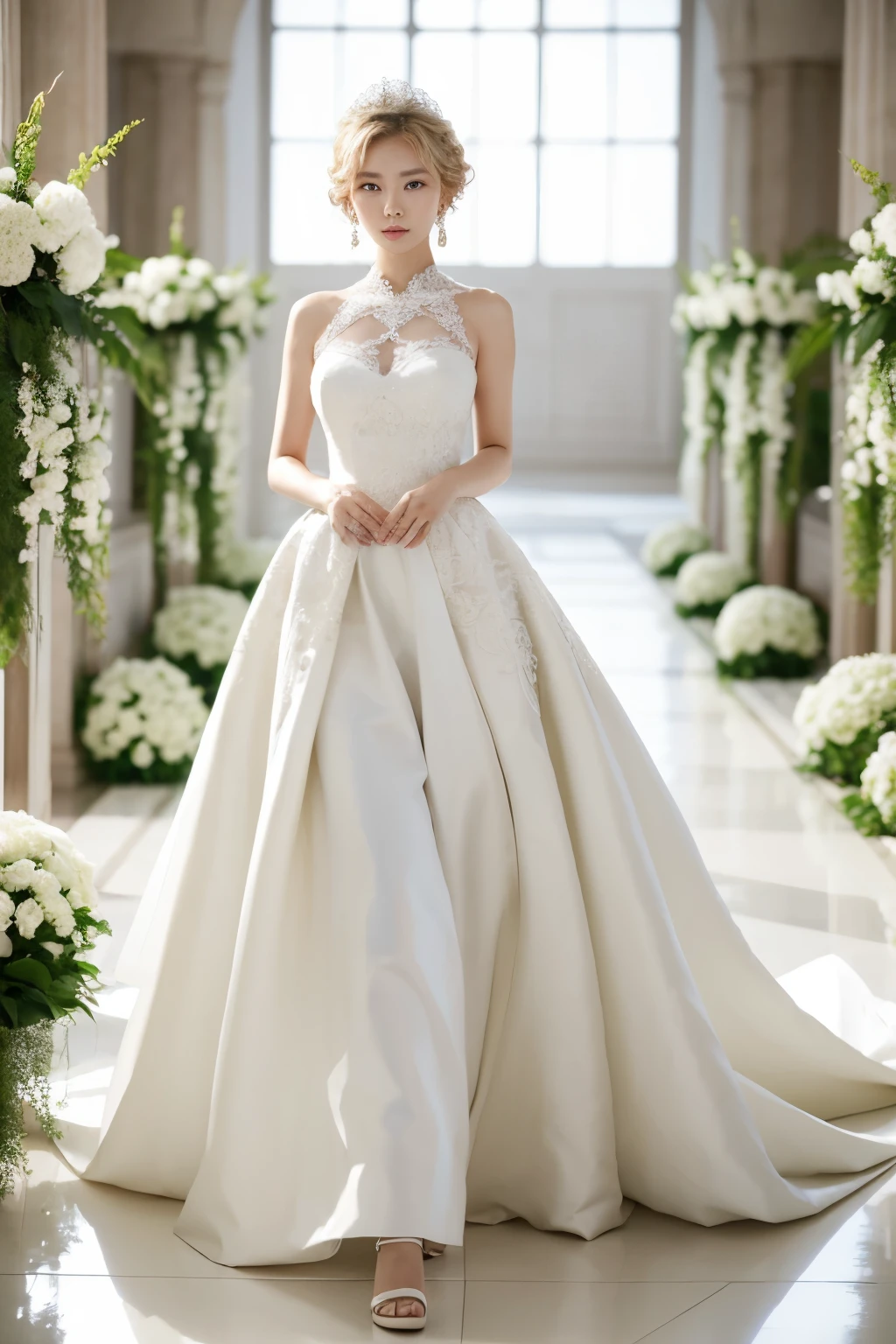 **Photography, chiaroscuro, encaustic.
Bride with minimalistic boho wedding dress. Inspired in classic Greek and Issey Miyake. Creamy white coloir, drapped, knee long. Silver tiara with medium long veil. Platform sandals. Apricot and pastel tones bouquet. Castle garden as background. Illuminated by soft natural light. Highly detailed.