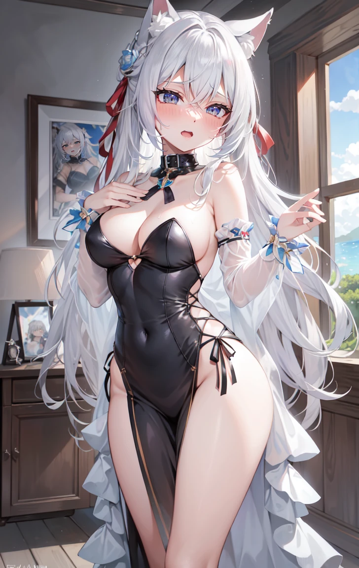 Alisa mikhailovna kujou,  Ojos azules cristalimos, mejor calidad, ojos en alta definicion, super detallados, best quality, ultra detailliert, 4k anime girl, anime - style image of a woman with long white hair and a cat ears, wavy hair, perfect white haired girl, ocean blue eyes, face cute, perfect fingers, slim toned body, perfectly proportions, full body, undress, without clothes, naked, stark-naked, seductive anime girl, small curvaceous, large breasts, beautiful breasts, cleavage of the breasts, angle to show off breasts, show off nipples, bedroom background, trending on artstation pixiv, azure lane style