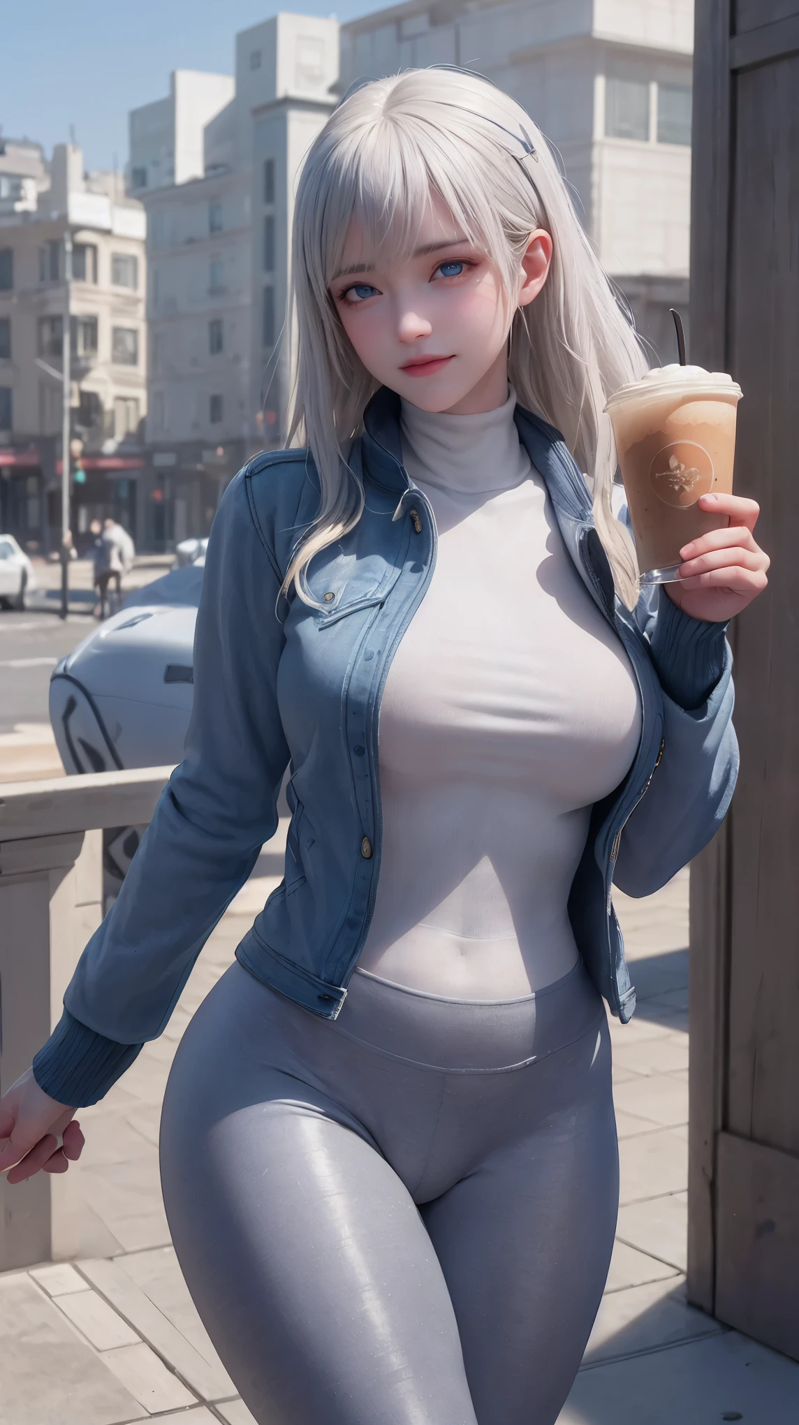 Nude,NSFW,Underwear,(masterpiece, best quality:1.4), (modern days), (cowboy shot), 1girl, solo, pov, sfw,
stunning girlfriend, (standing:1.1), dynamic pose, (white oversized sweater, knit sweater:1.4), (tight yoga pants, dark grey yoga pants:1.4), (short navy blue jacket, denim jacket:1.4), long blonde hair, swept bangs, heart shaped face, elegant face, beautiful face, highly detailed face, highly detailed skin, skin pores, subsurface scattering, (detailed blue eyes), realistic pupils, large breast, loving smile, looking at viewer, full face blush, full lips, holding a single coffee cup, centered,
coffee shop in background, city street, sunny day, wind, detailed background, depth of field, atmospheric perspective, volumetric lighting, sharp focus,
absurdres, realistic proportions, good anatomy, (realistic, hyperrealistic:1.4), 16k hdr,