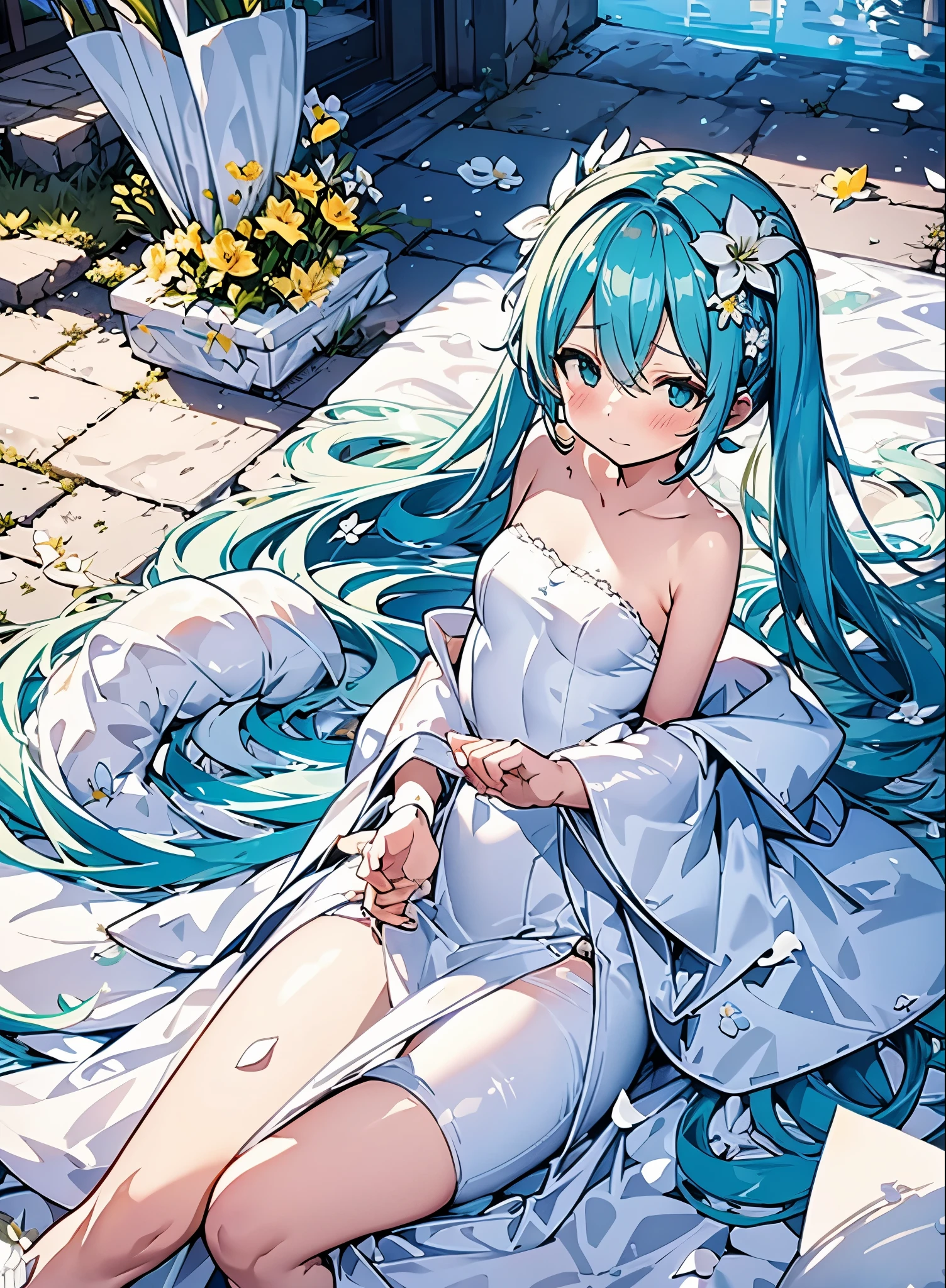 hatsune miku blue hair , Kagamine Rin yellow hair , White Wedding Dresses, long hair, flower hairpin, wedding bouquet wrapped in white paper, hand caressed hair, The effect of falling white petals, lily, big,