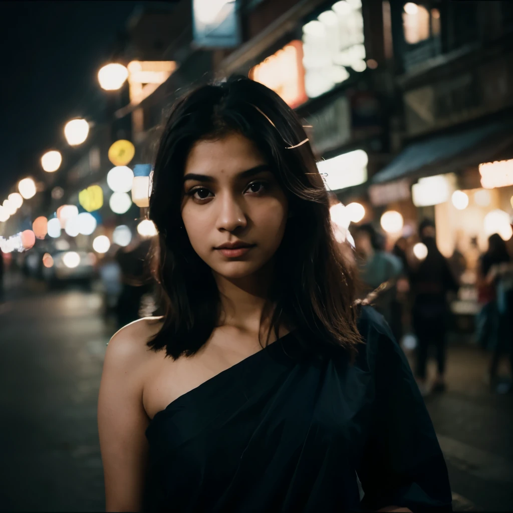 A teenager in a traditional short shirt facing towards camera, hyper realistic, good skin texture, pulsating, cinematic angle, real image, black hair, The background is shrouded in high lighting, allowing the neon radiance to envelop the scene in an otherworldly luminescence. This creates a sense of depth and mystery, drawing the viewer's gaze inward to the central figure, Watching towards camera with open eyes, (adorable Pakistani girl), superbly beautiful, long shot, full body shot, very saggy breasts, full cleavage